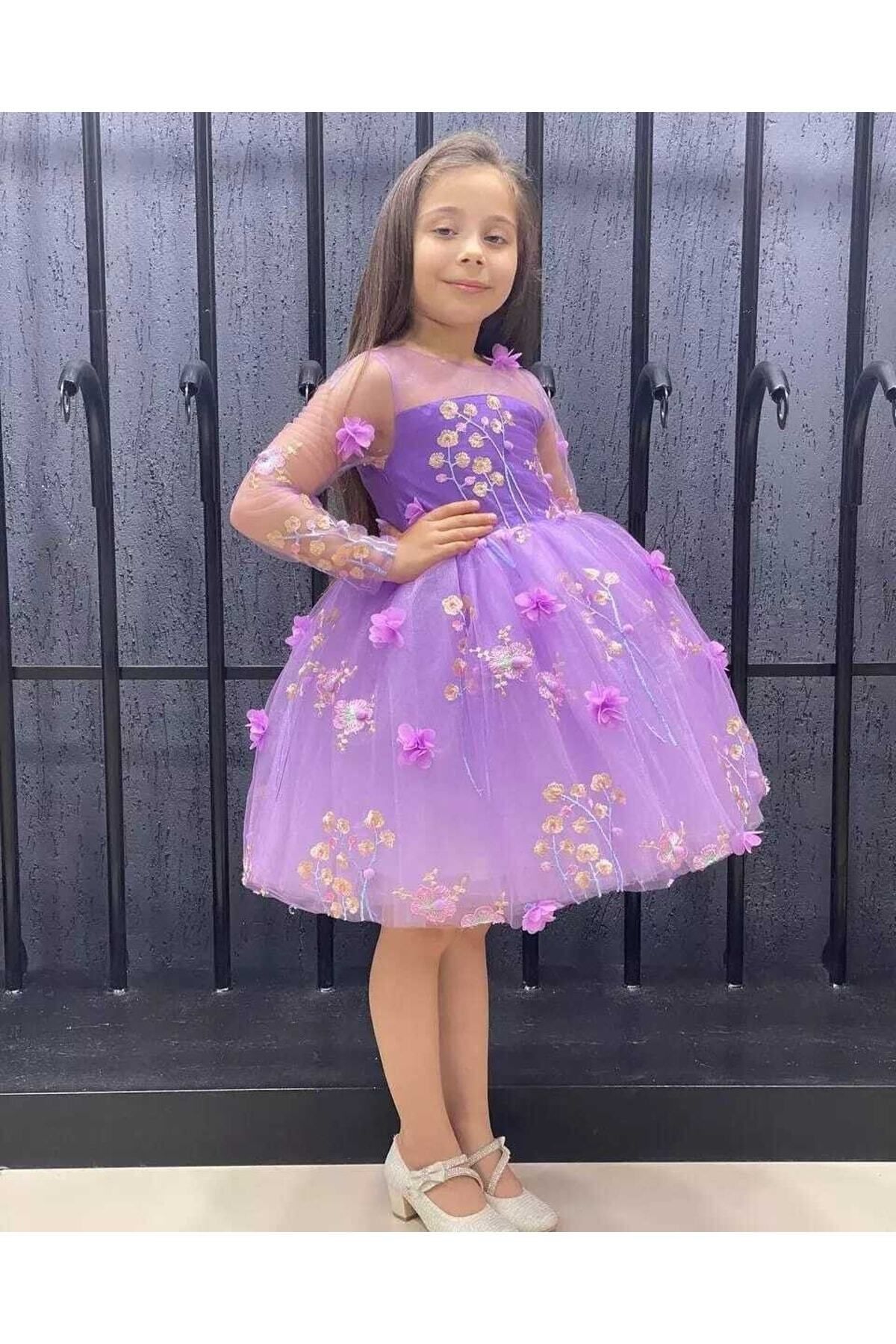 Sare Çocuk Giyim Kız Çocuk Elbise Prenses Çiçek Figürlü Tül Detaylı Kabarık Kız Çocuk Abiye Elbise Parti Doğum Günü