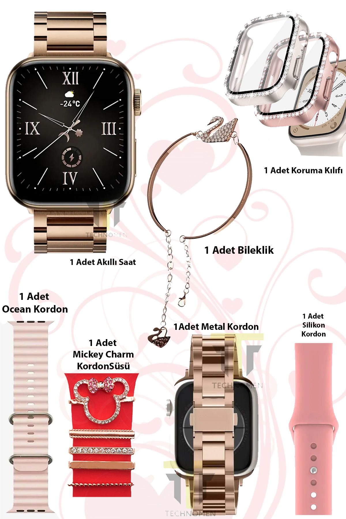 TECHNOMEN G9 Mini Plus Rose Gold Smart Watch 41 mm 3 Kordon Mickey Charm Bileklik Hediyeli Akıllı Saat