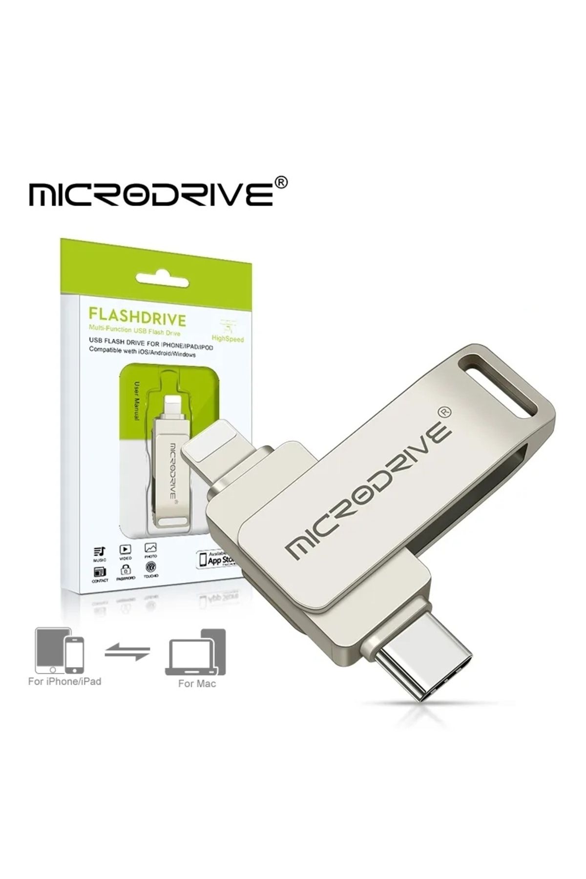 MicroDrive 256gb.128gb.64gb. Iphone Lightning Ve Type-c Metal Usb Flash Bellek Otg Çift Taraflı Metal Sağlam