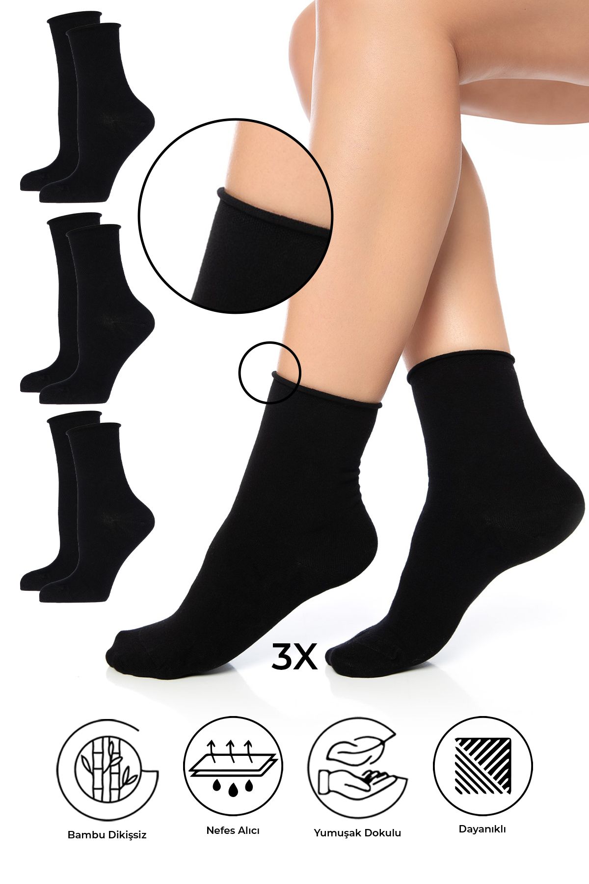 SAYSEZ Bambu Kadın Lastiksiz Siyah Soket Dikişsiz Premium Çorap 3'lü Paket / İz Bırakmaz / Sıkmayan Çorap