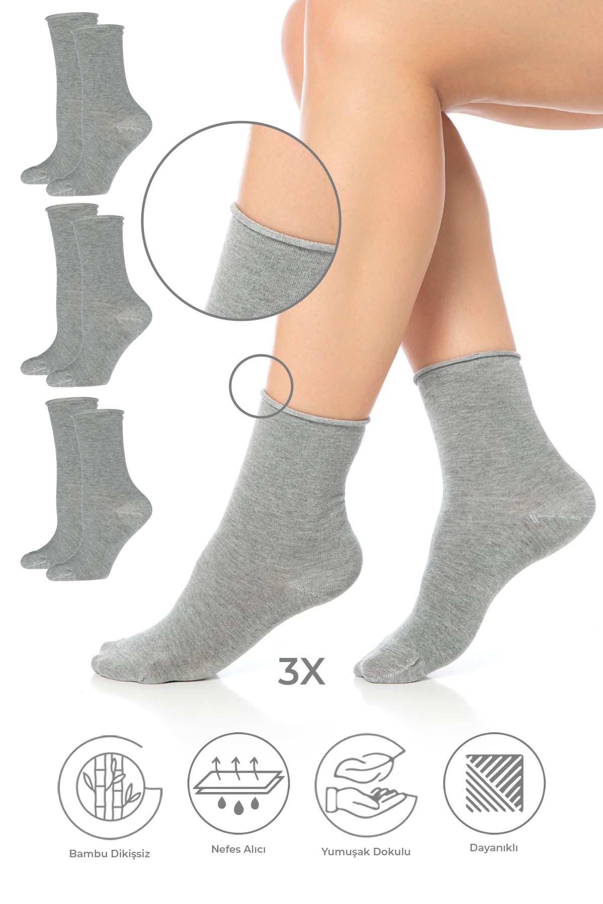 SAYSEZ Bambu Kadın Lastiksiz Gri Melanj Soket Dikişsiz Premium Çorap 3'lü Paket / İz Bırakmaz-Sıkmaz Çorap
