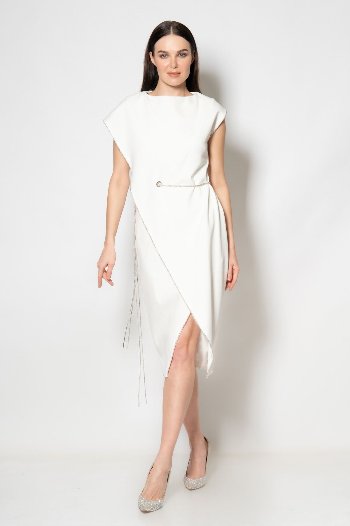 RENGIN Boydan şerit aksesuarlı taş şerit kemerli krep abiye elbise