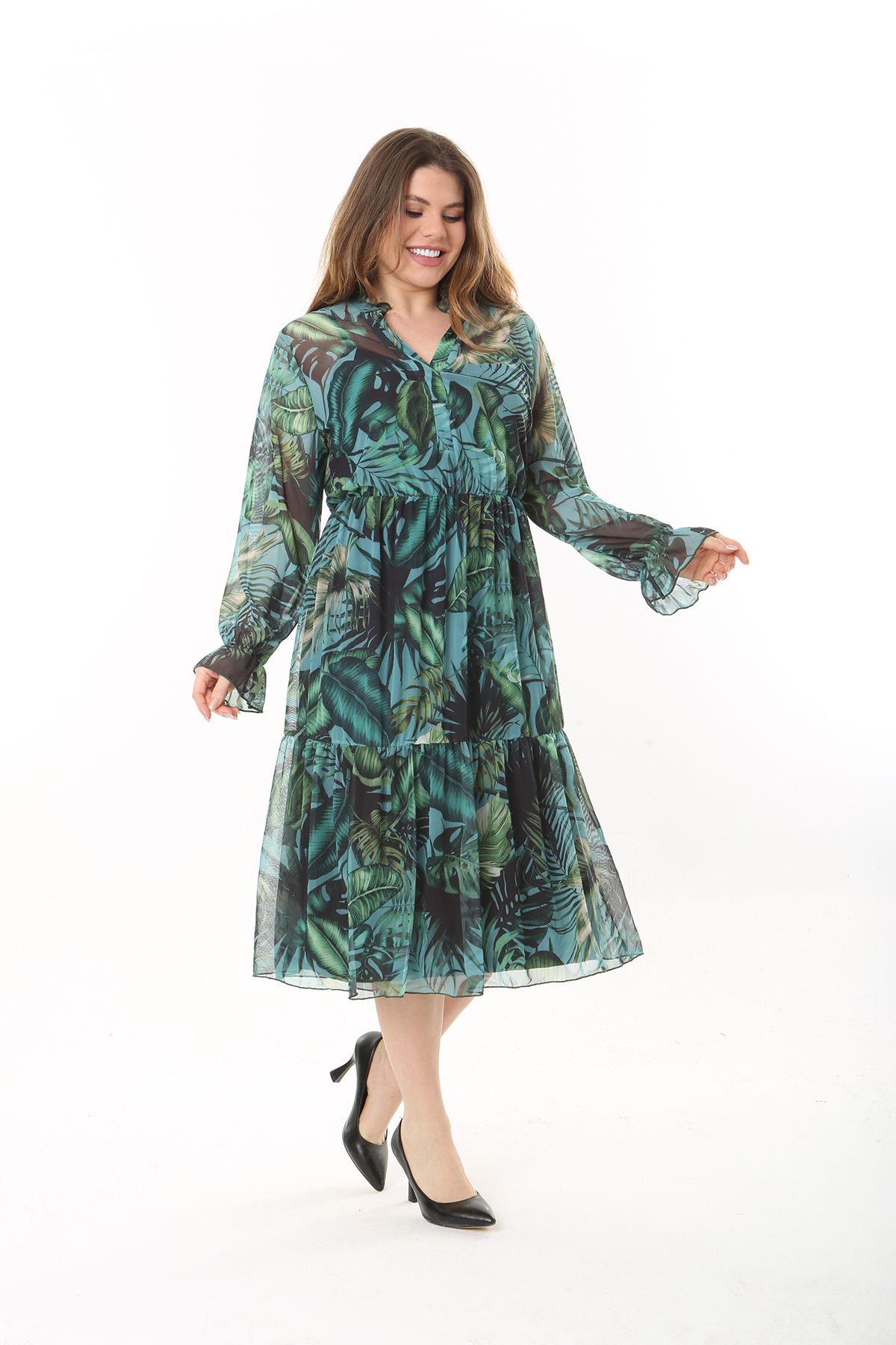 Şans Kadın Büyük Beden Yeşil V Yakalı Etek Ucu Katlı Astarlı Tül Elbise 65n37556