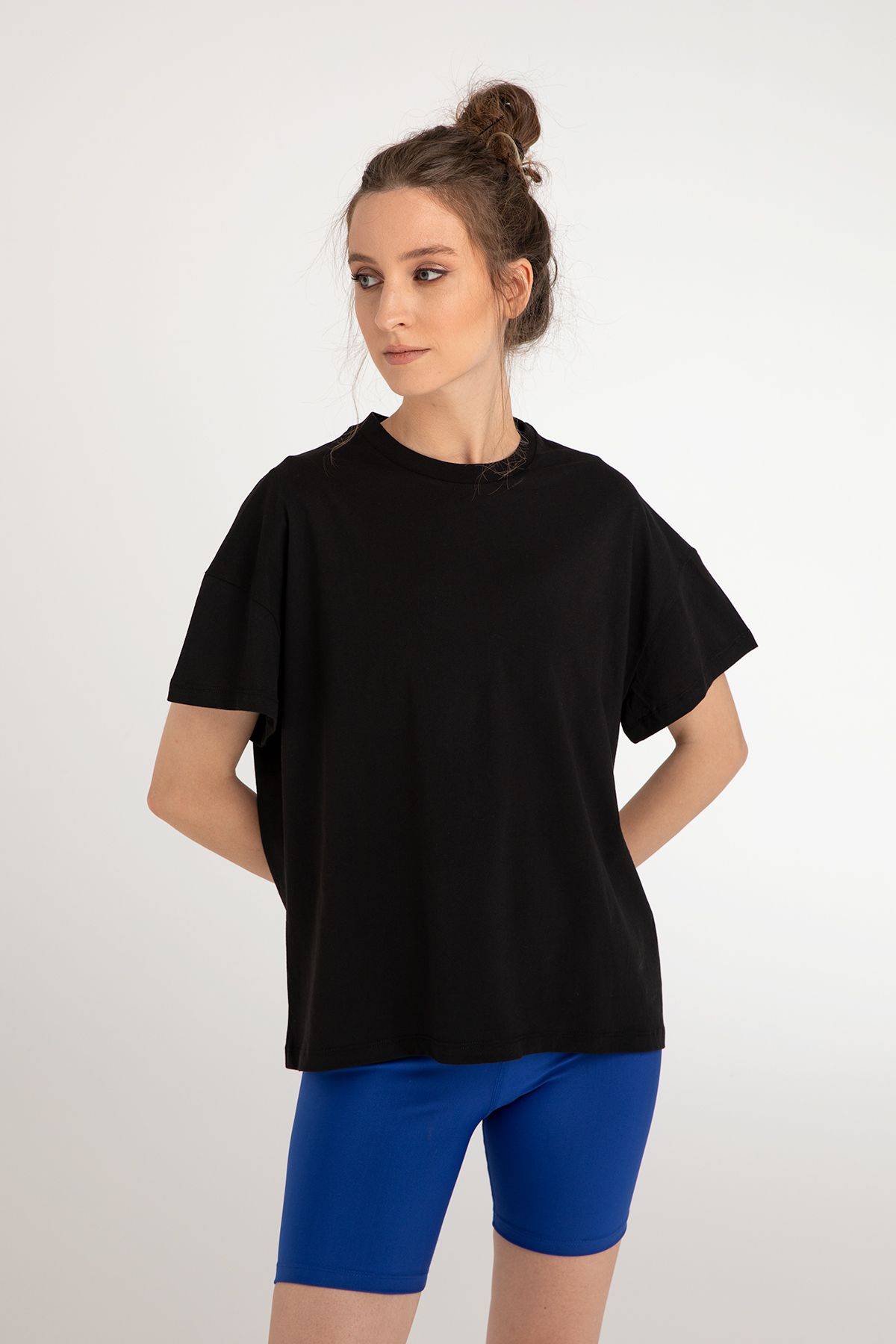 SHEISMONO Cotton Oversize/geniş Kalıp Bisiklet Yaka Basic T-shirt Siyah