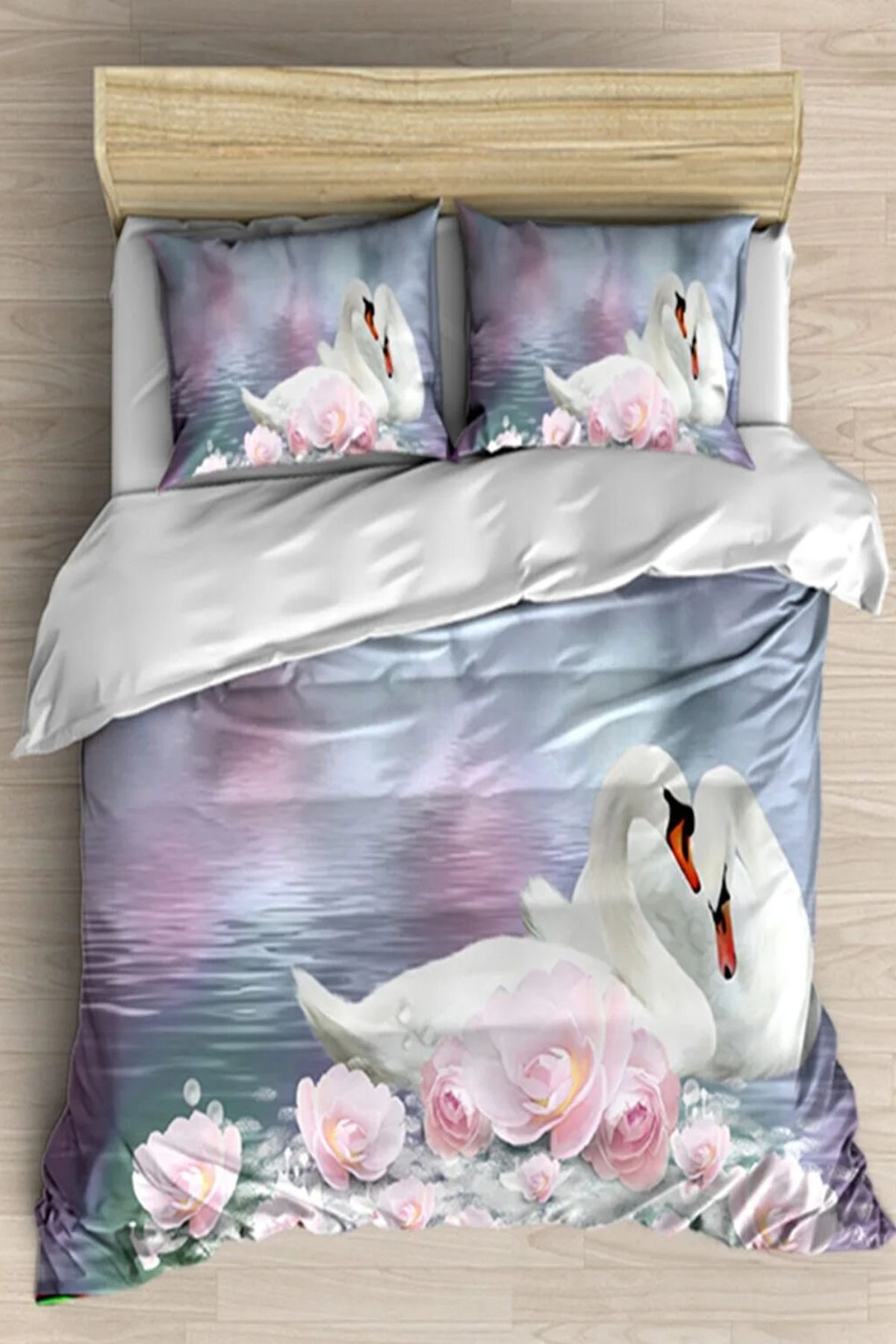 Else Halı Aşk Beyaz Kuğular Güller 3d Desenli Çift Kişilik Nevresim Takımı