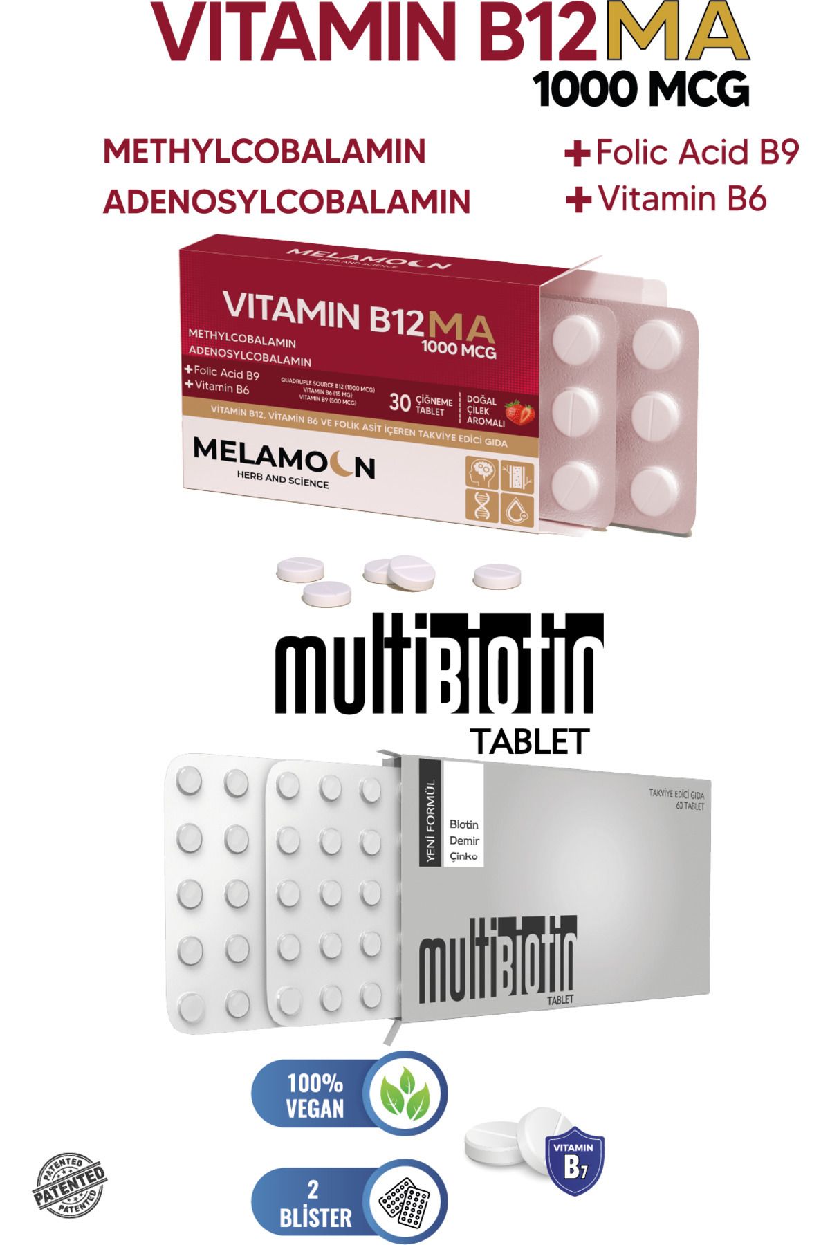Melamoon B12 1000 mcg B12 +Multibiotin 5000mcg biotin Fırsat paketi