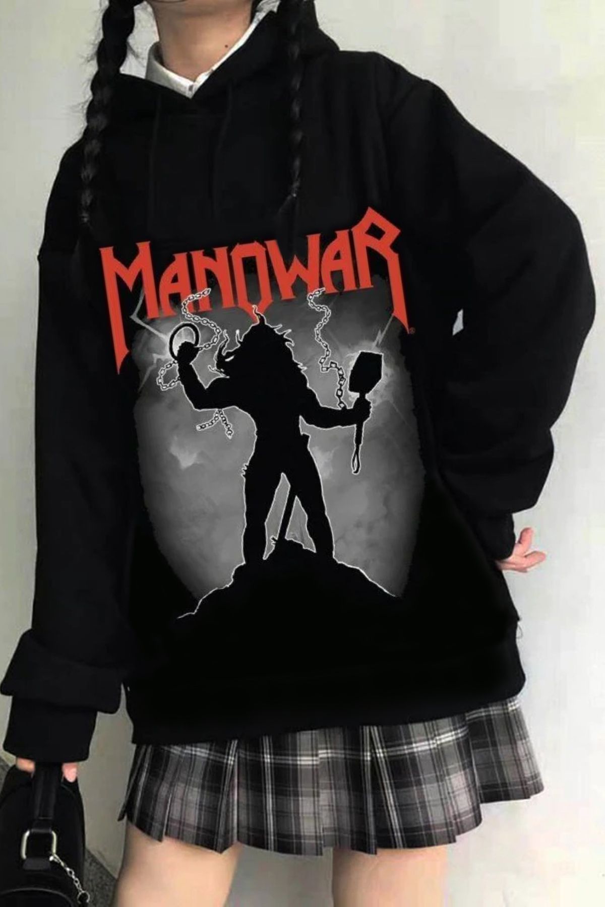 Freak Tshirt Siyah Renk Manowar Baskılı Unisex Kapşonlu Rock/Metal Sweatshirt