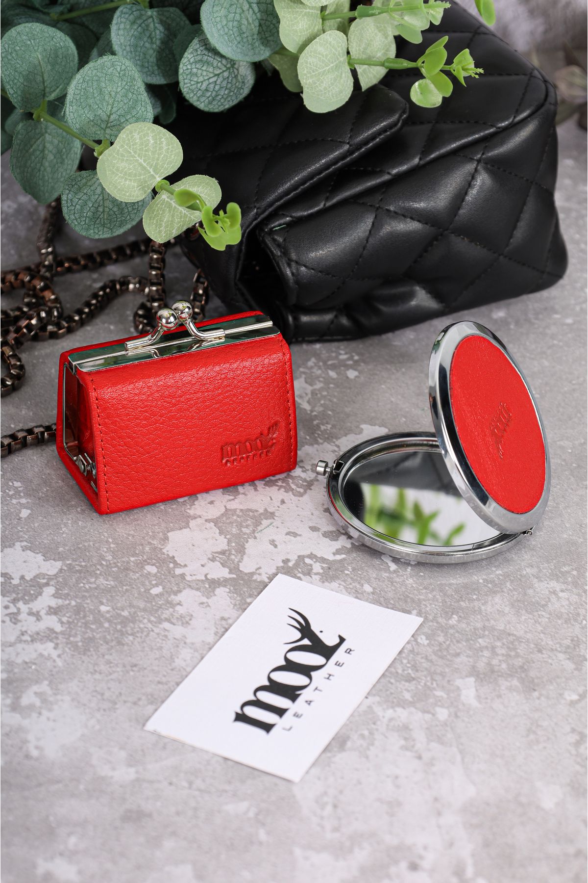 Mooz Leather Florida Kırmızı Hakiki Deri Küçük Takı Çantası Ve Cep Aynası Kadın Çanta Aksesuar Seti