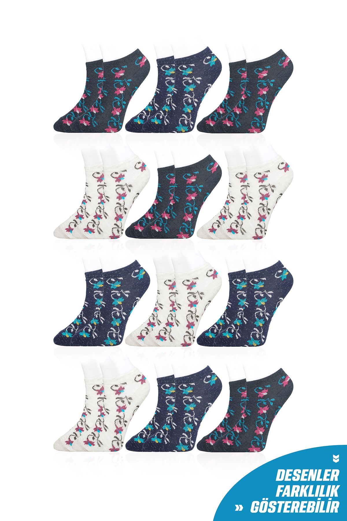 Line Smart 12'li Kadın Pamuklu Kaliteli Desenli Yumuşak Patik Çorap