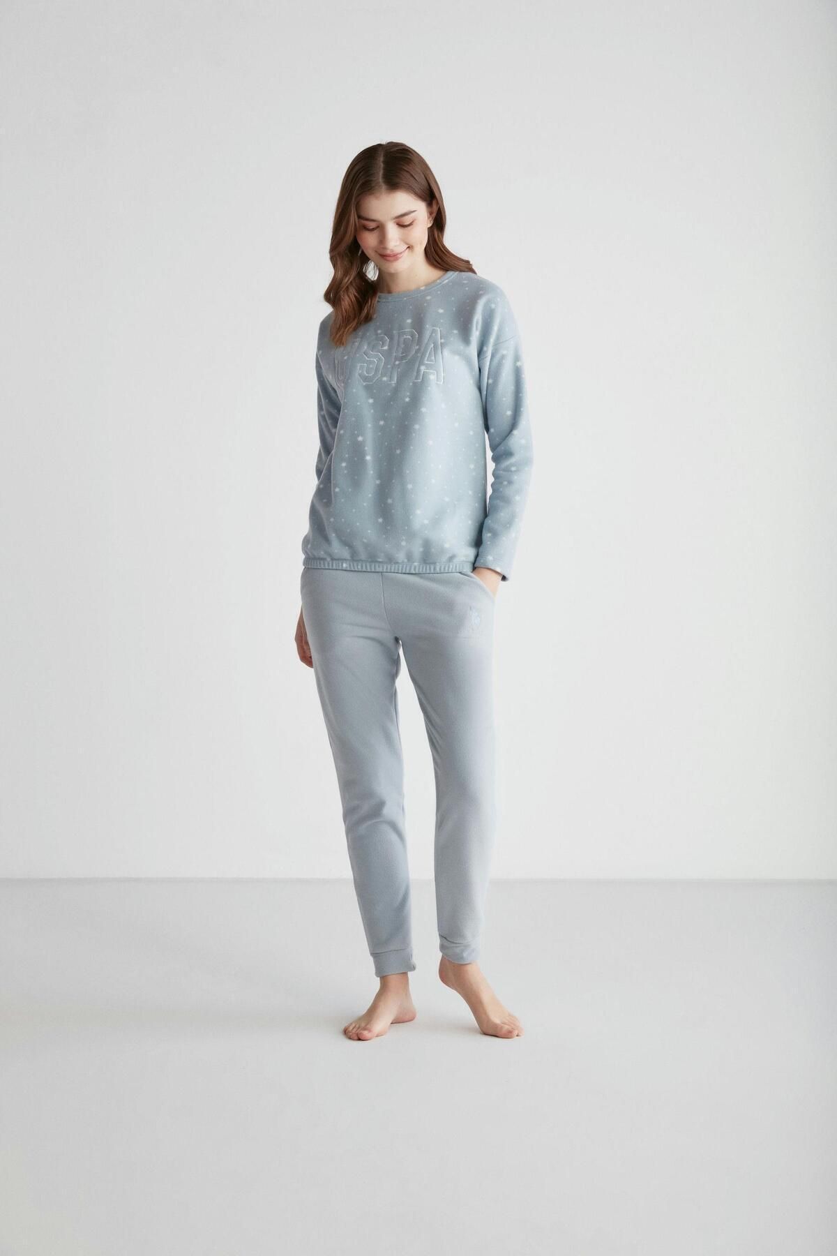 U.S. Polo Assn. Kadın Pamuklu Mavi Dar Paça Kışlık Pijama Takımı
