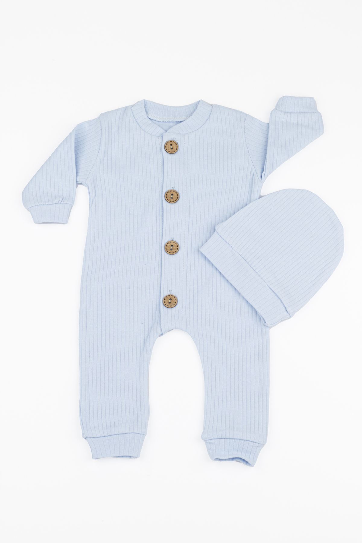 Yalın Bebek Giyim %100 Pamuk Ahşap Düğmeli Fitilli Tarz Şapkalı Bebek Tulum