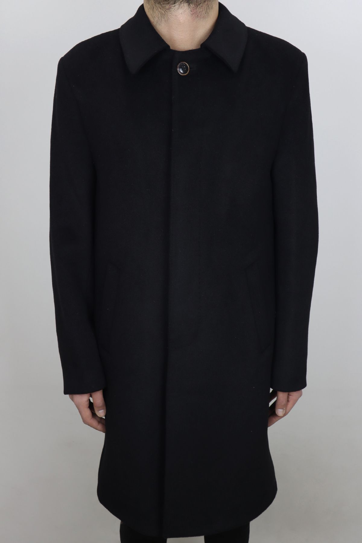 Pelikan Tekstil Fistan Store Erkek Siyah Polo Yaka Klasik Kesim Rahat Kalıp Kışlık Büyük Beden Kaşmir Kaban Palto