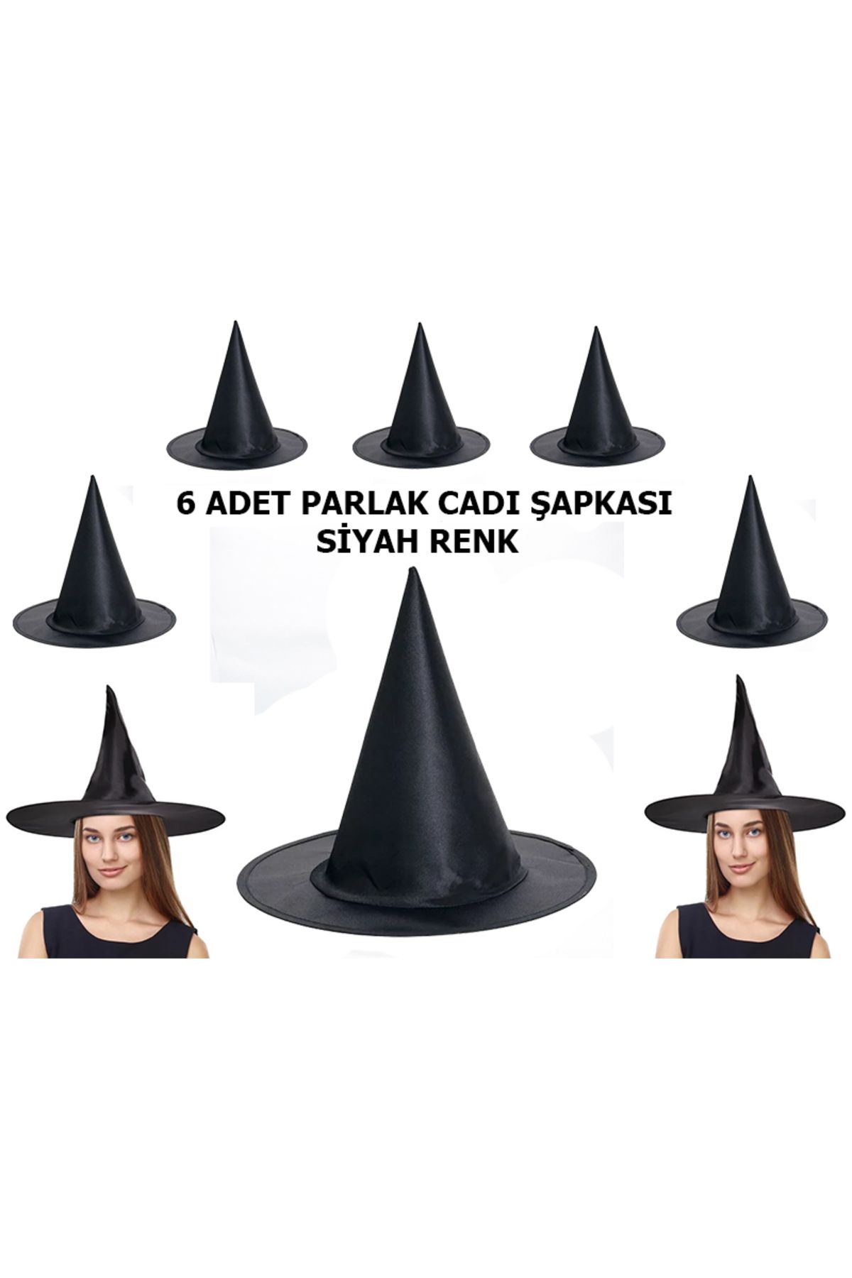 KAYAMU Halloween Siyah Renk Parlak Dralon Cadı Şapkası Yetişkin ve Çocuk Uyumlu 6 Adet (K0)