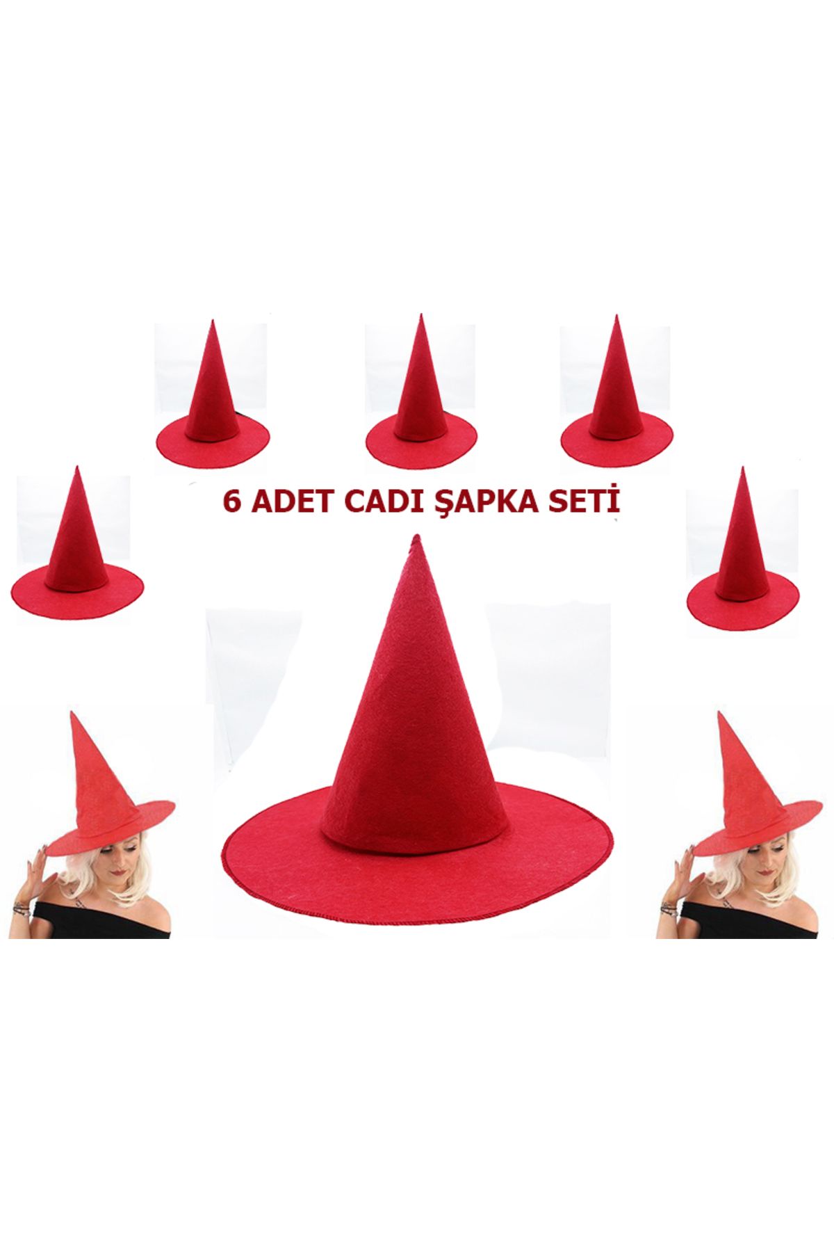 KAYAMU Kırmızı Renk Keçe Cadı Şapkası Yetişkin Çocuk Uyumlu 6 Adet (K0)