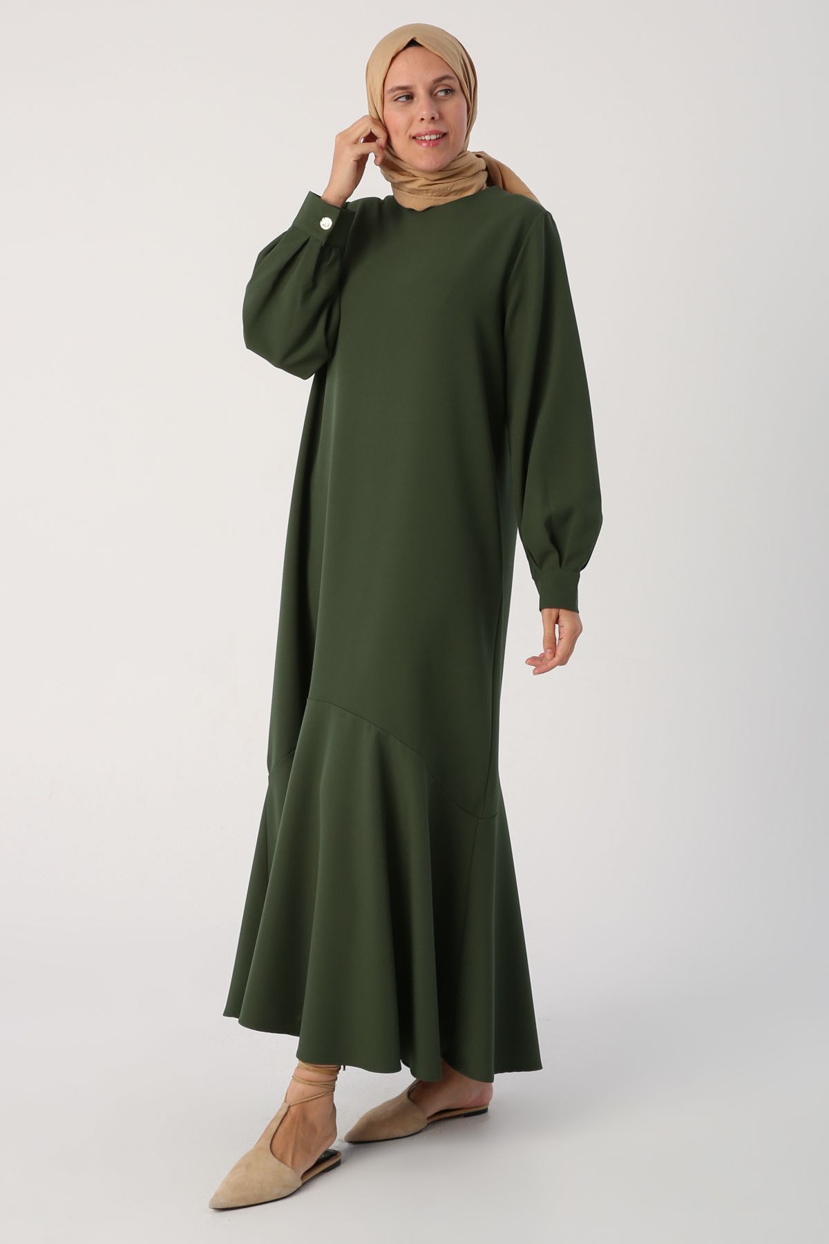 ALLDAY Koyu Yeşil Eteği Volanlı Elbise