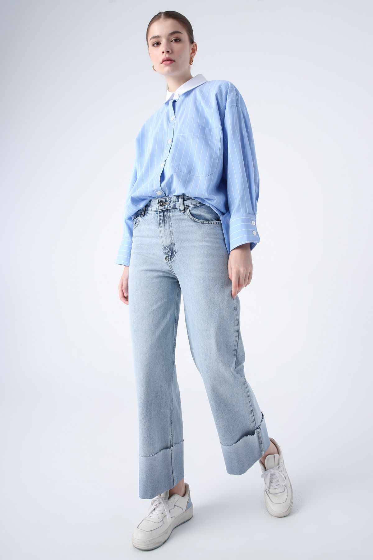 ALLDAY Mavi %100 Pamuk Yüksek Bel Bol Paça Katlama Detaylı Denim Pantolon