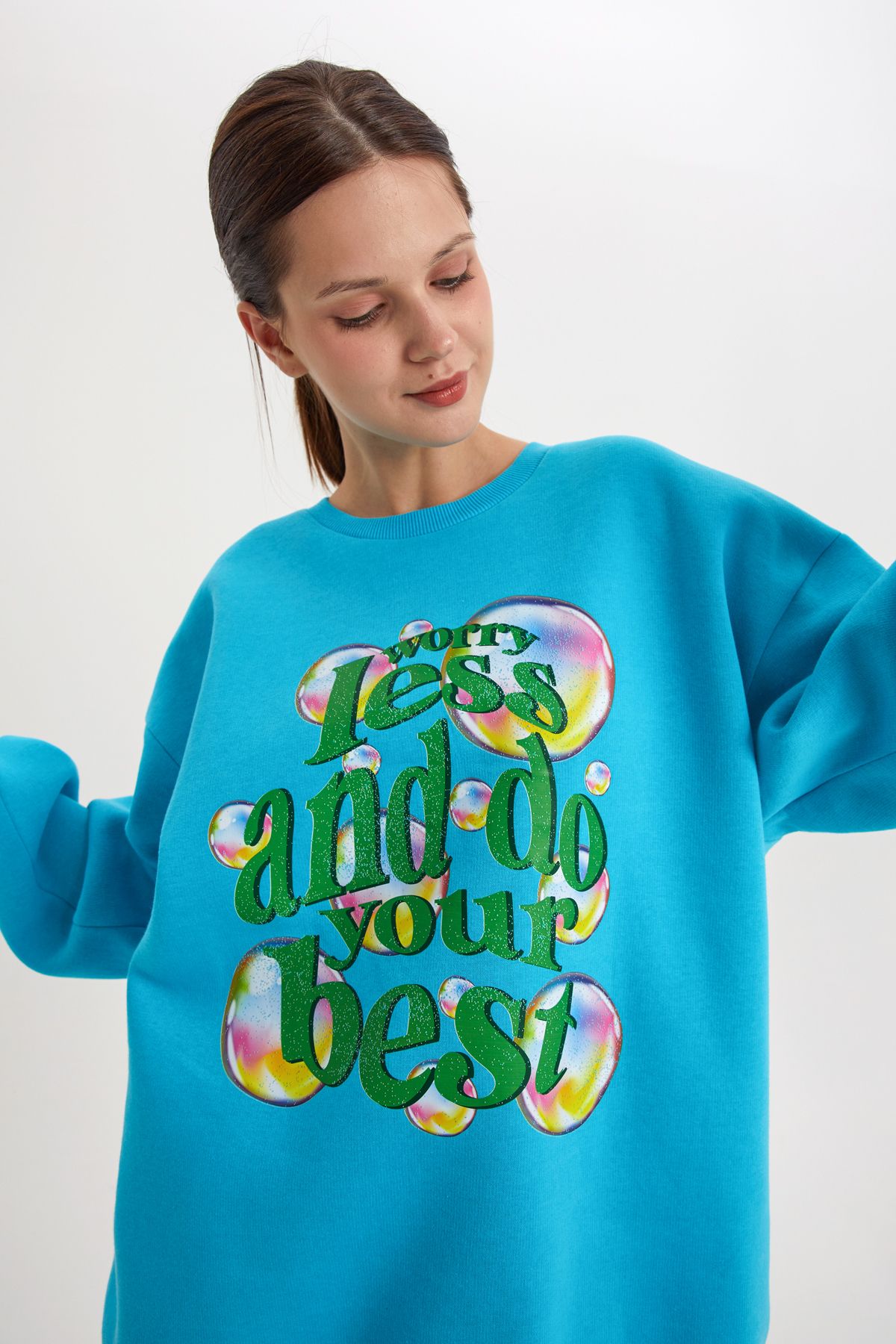 ALLDAY Turkuaz Baloncuk Baskılı Oversize Şardonlu Sweatshirt