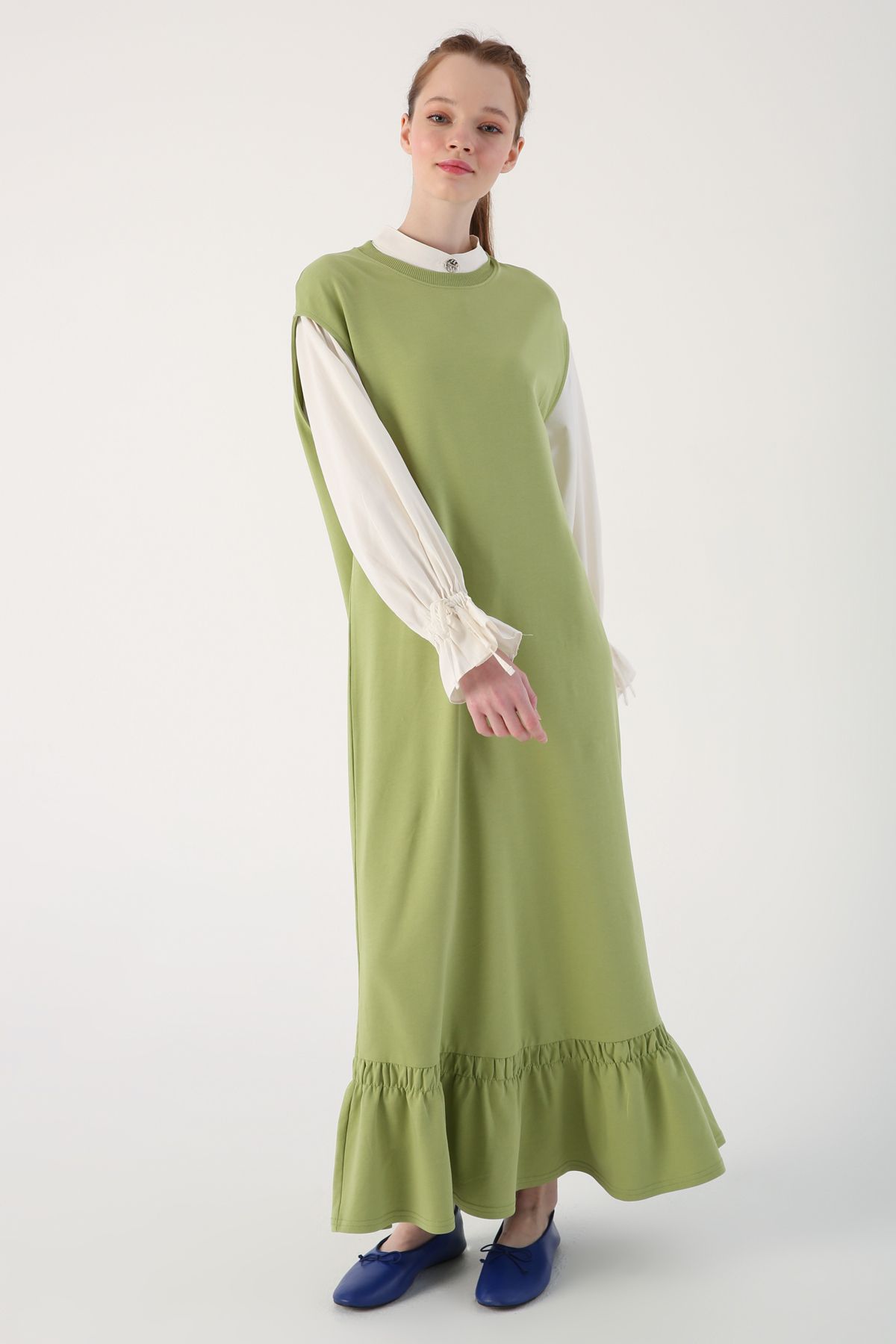 ALLDAY Açık Yeşil Eteği Fırfırlı Kolsuz Örme Elbise