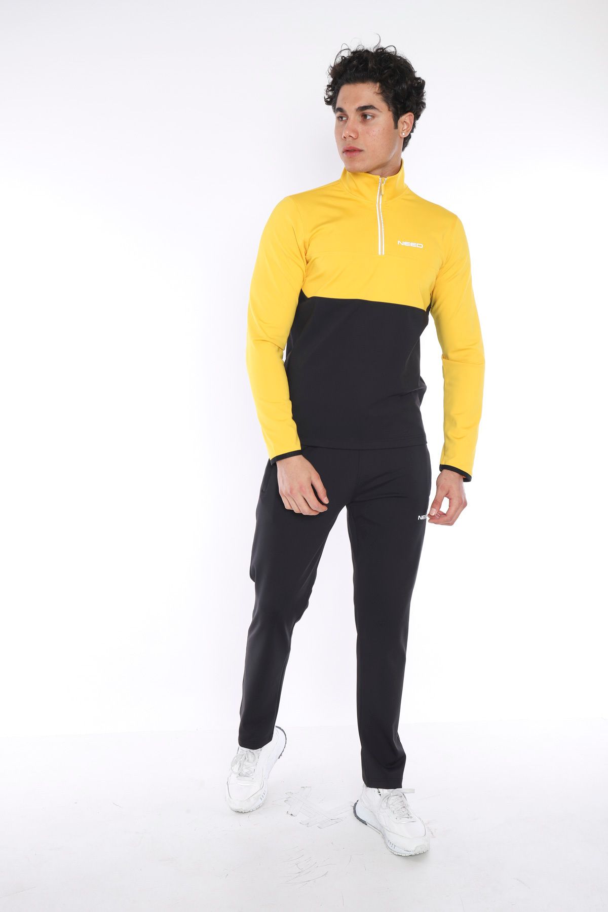 NEED LİFE Erkek Sarı Dalgıç Kumaş Yarım Fermuarlı Slim Fit Eşofman Takımı