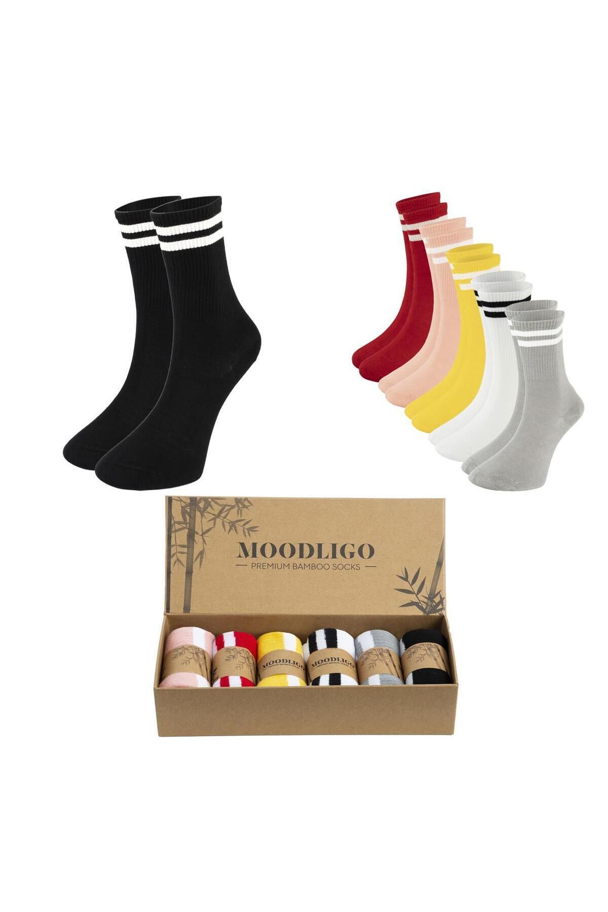 Moodligo Kadın 6'lı Premium Bambu Çizgili Kolej Tenis Çorabı - Siyah / Gri / Beyaz / Sarı / Pembe / Kırmızı -