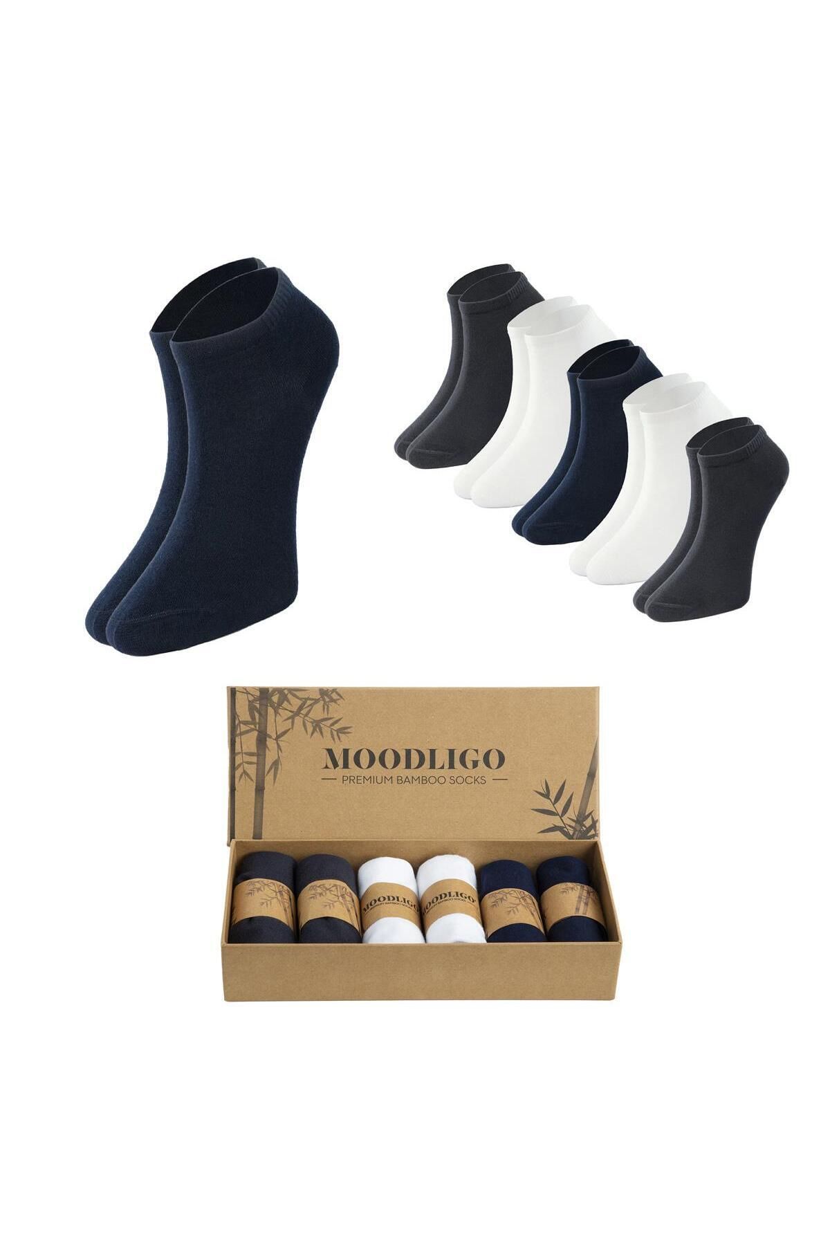 Moodligo Erkek 6'lı Premium Bambu Patik Çorap - 2 Füme 2 Beyaz 2 Lacivert - Kutulu