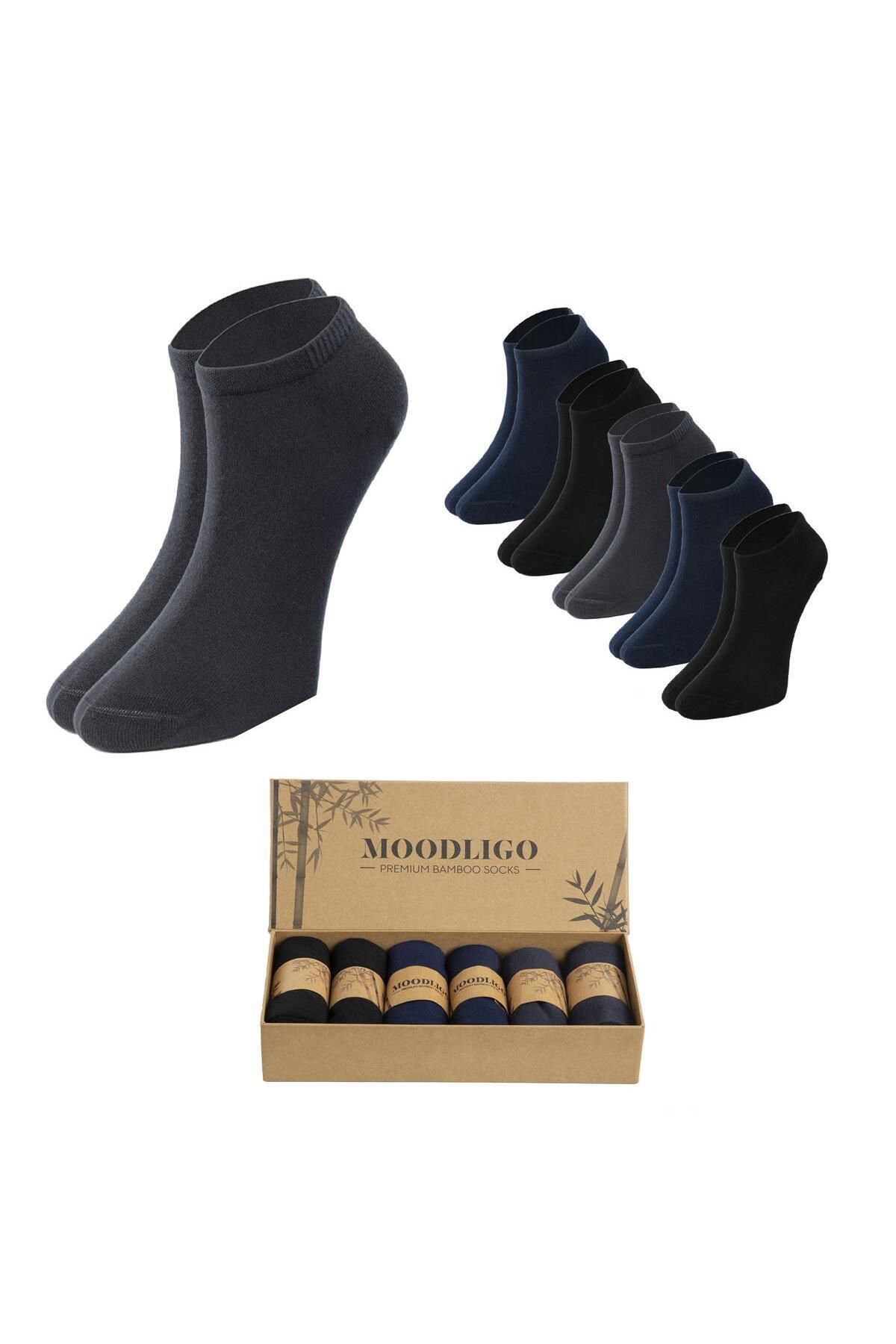 Moodligo Erkek 6'lı Premium Bambu Patik Çorap - 2 Siyah 2 Füme 2 Lacivert - Kutulu