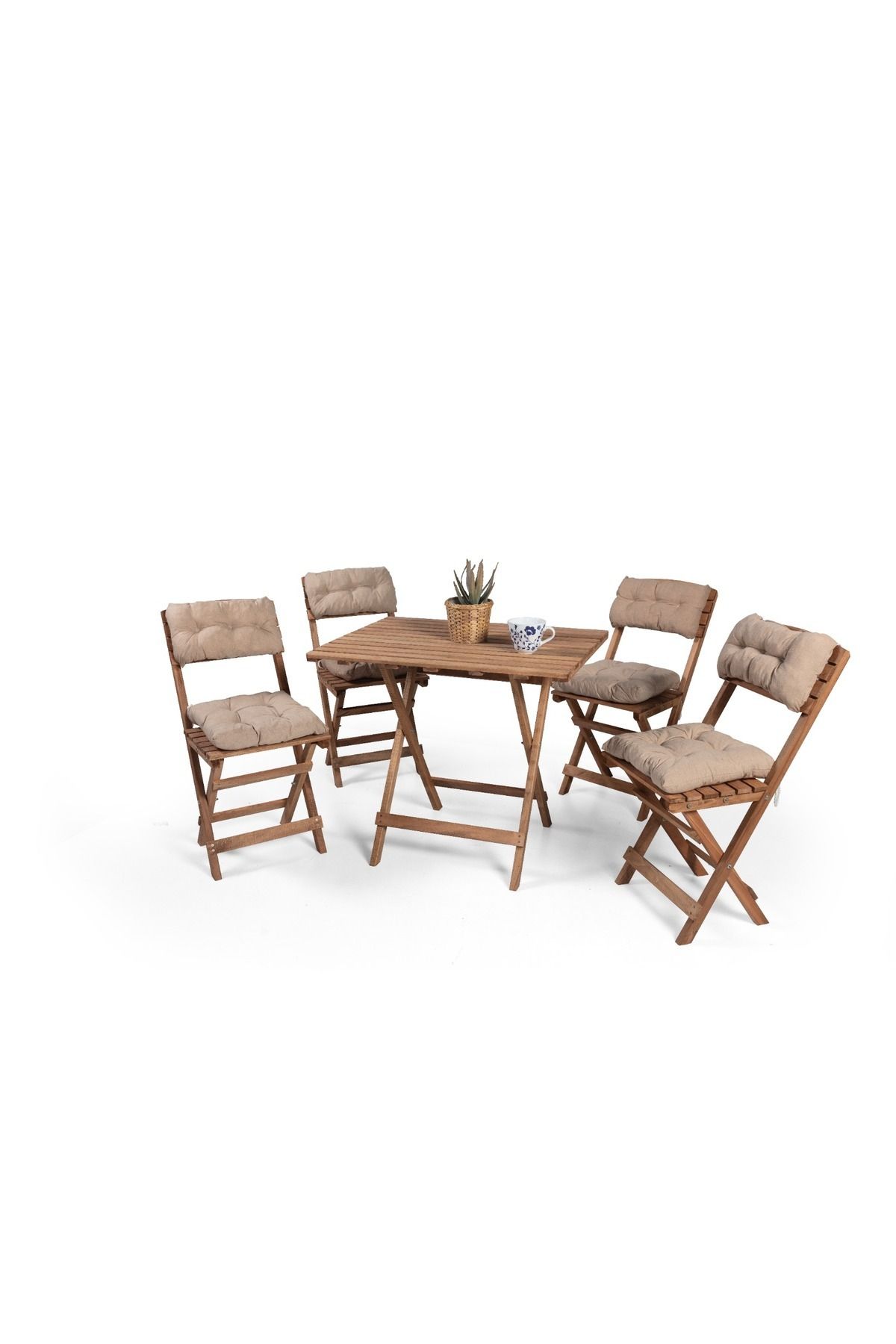 BarışAhşap 4 1 Sırt Ve Oturum Minderli Ahşap Masa Sandalye Bistro Seti Katlanabilir