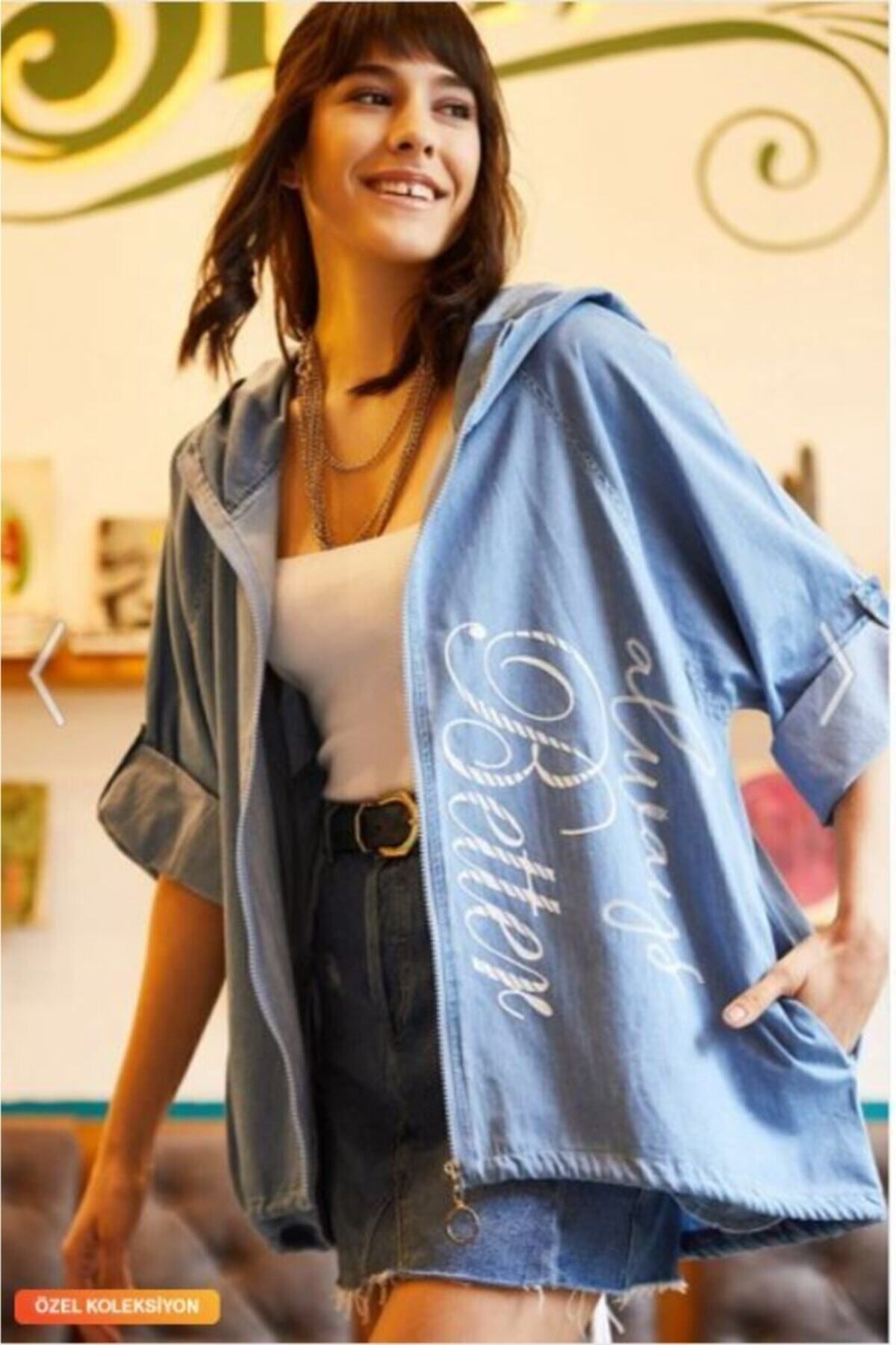 ESB Design Kadın Mavi Kabartma Baskılı Ince Kapüşonlu Salaş Arkası Uzun Ceket