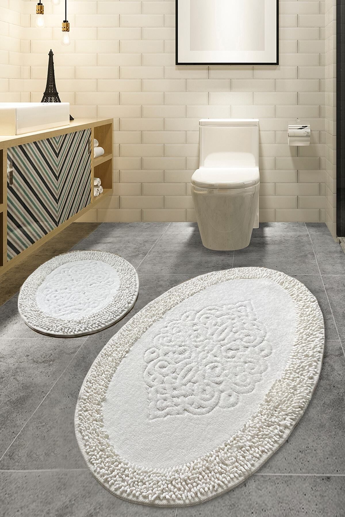 Chilai Home Pıante Oval Cotton Ekru 2'li Set Pamuklu Banyo Paspas Seti