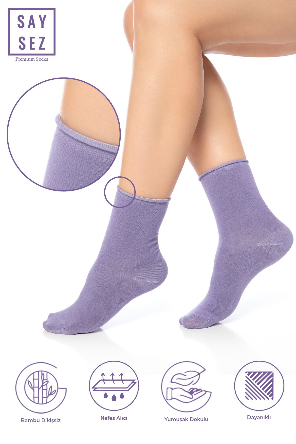 SAYSEZ Bambu Kadın Lastiksiz Lila-Mor Soket Dikişsiz Premium Çorap / Iz Bırakmaz / Sıkmayan Çorap
