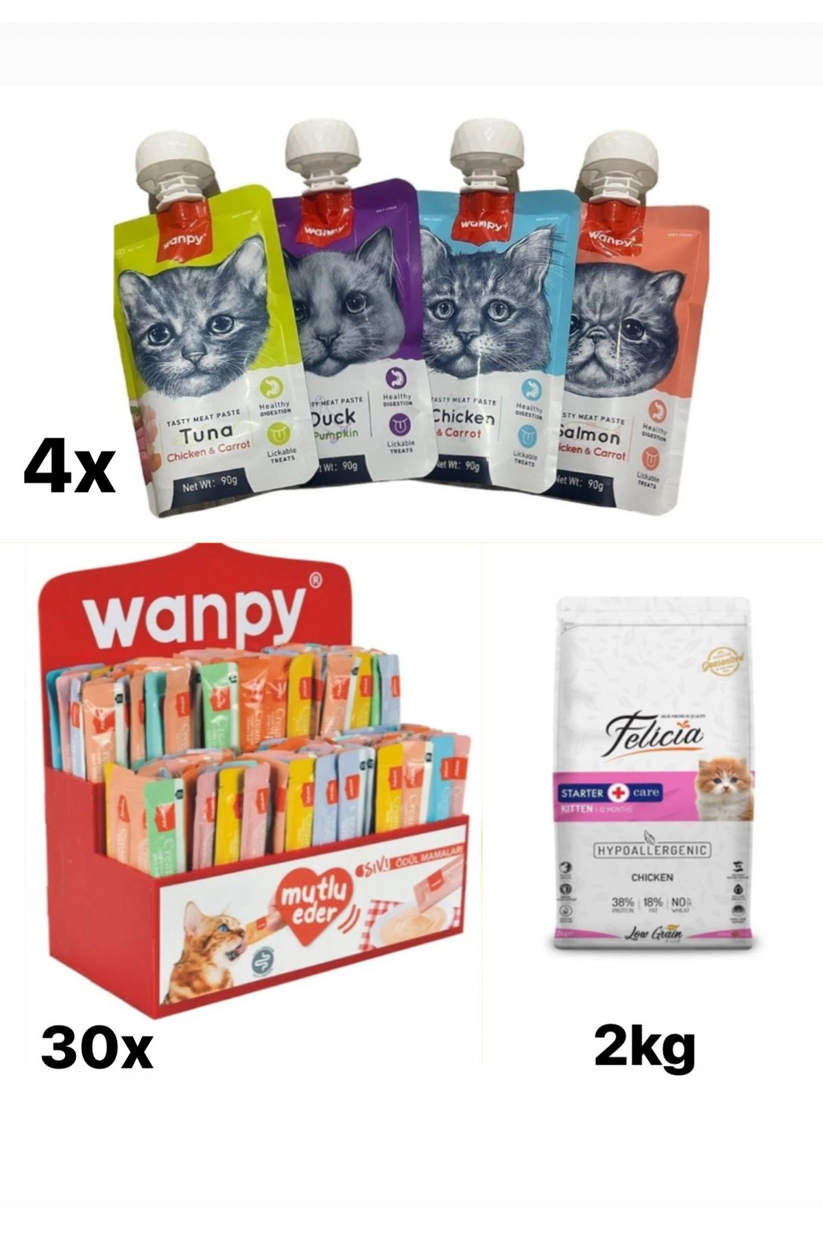 Felicia Wanpy creamy30x + felicia kitten2kg + Wanpy tastı mest paste 4x
