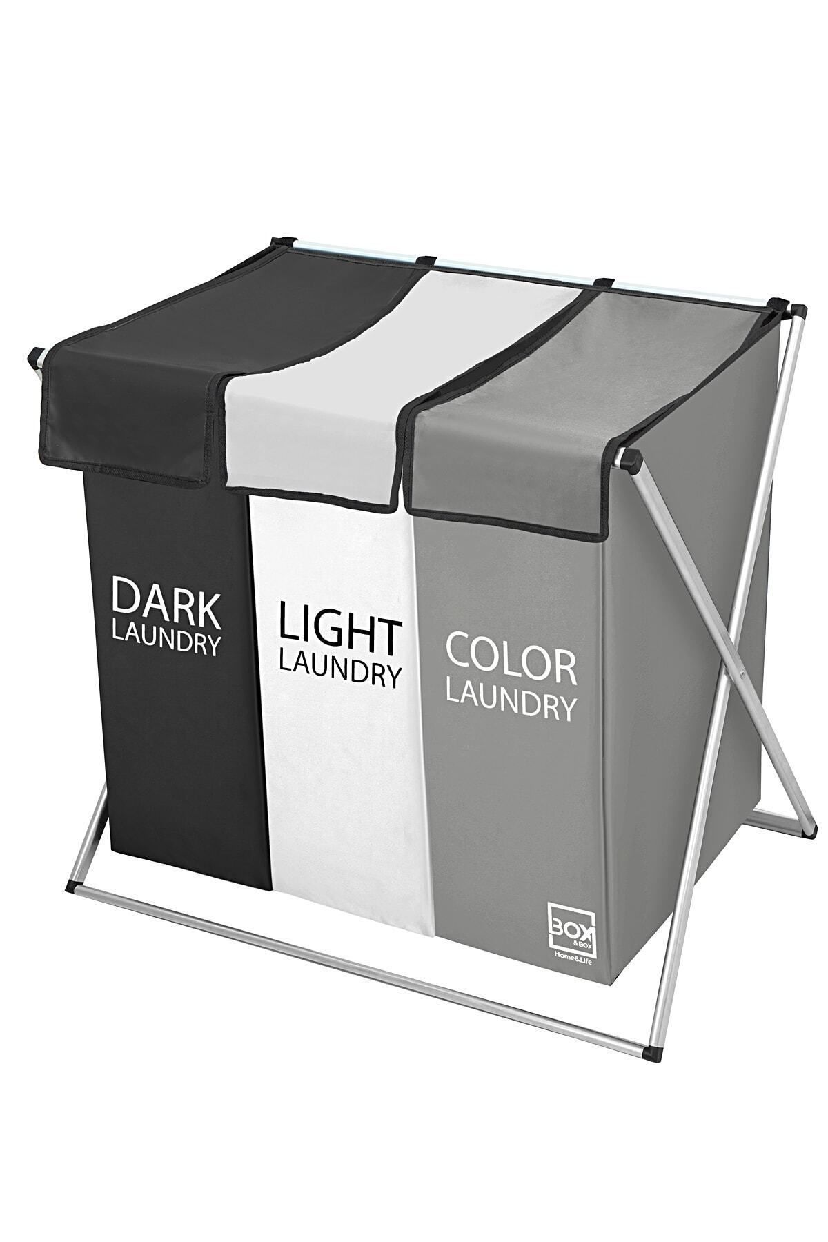 Box&Box 3 Bölmeli Çamaşır Ve Kirli Sepeti, Siyah Beyaz Gri, Makinede Yıkanabilir Kumaş, 64x42x58 Cm