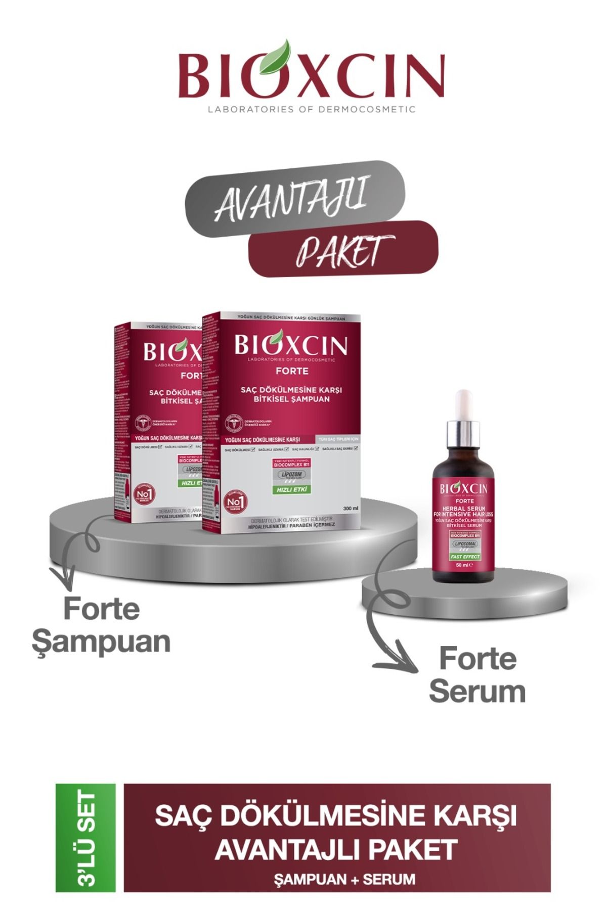 Bioxcin Yoğun Dökülmeler Için Forte Şampuan 2 Adet Forte Serum 50 ml 1 Adet Tanışma Paketi