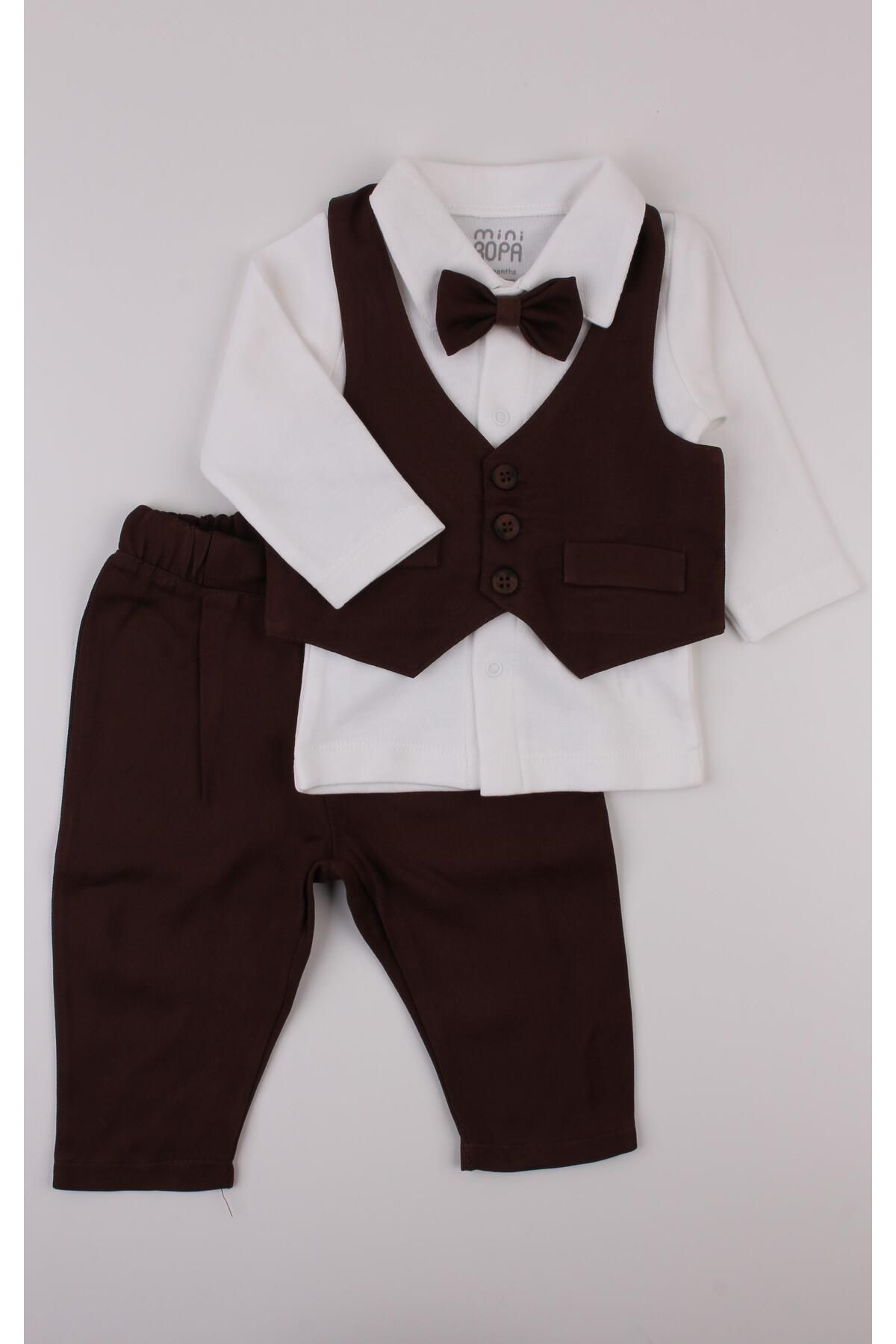 Mini Ropa Kahverengi Yelekli Papyonlu Erkek Bebek Takım Bebek Takım Elbise Özel Gün Kıyafeti