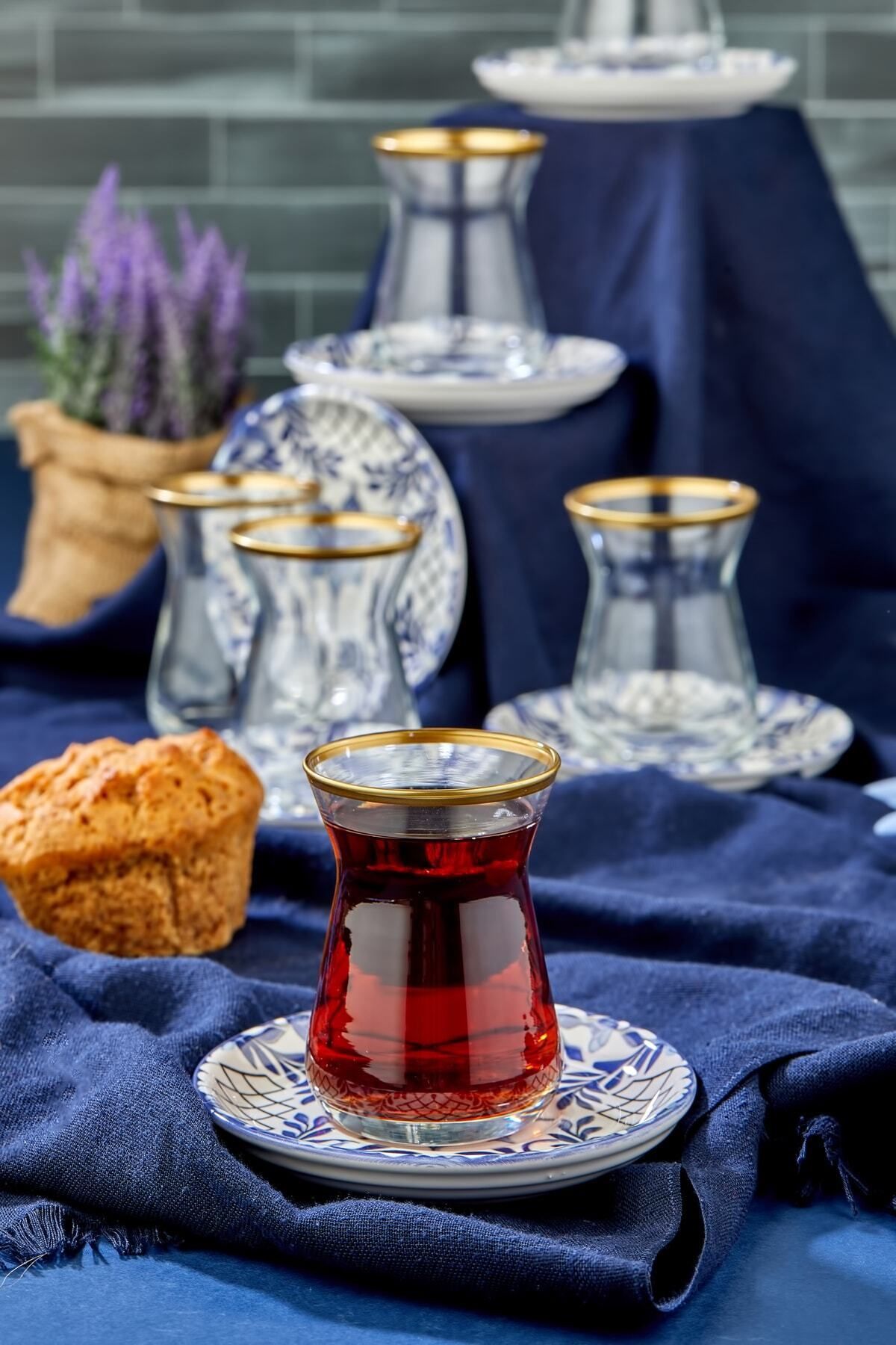 Babion Otantik Tasarım Berrak Serisi Seramik 12 Parça Gold Çay Bardağı Seti, Çay Takımı