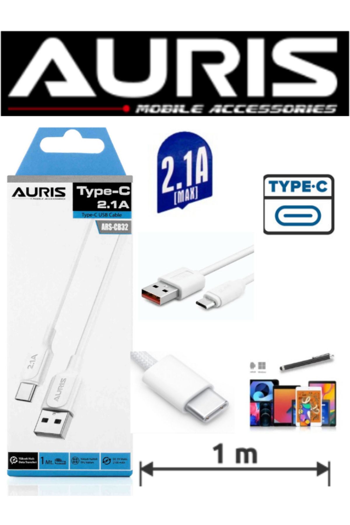 Auris Tecno Camon 20 Premier 5G Uyumlu 2.1 Amper Ultra Kalite Type-C Şarj Kablosu 1 Metre+DokunmatikKalem