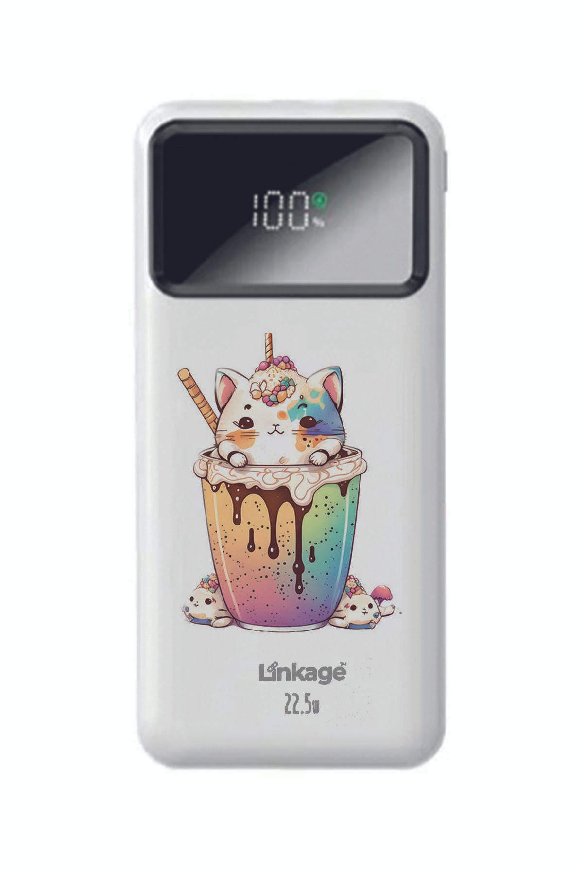 WuW Linkage 10000 Mah Kawaii Kedi Baskılı Beyaz 22,5 W Hızlı Şarj Özellikli LCD Ekranlı Powerbank