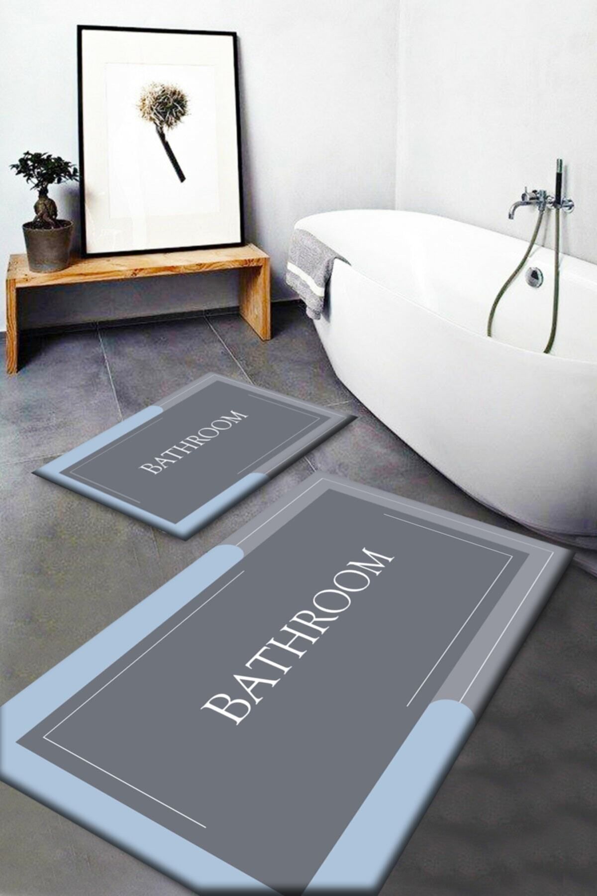 Else Halı Mavi Gri Bath Yazılı Yıkanabilir Kaymaz Taban 2 Li Banyo Paspası Klozet Takımı Halısı Passo-7