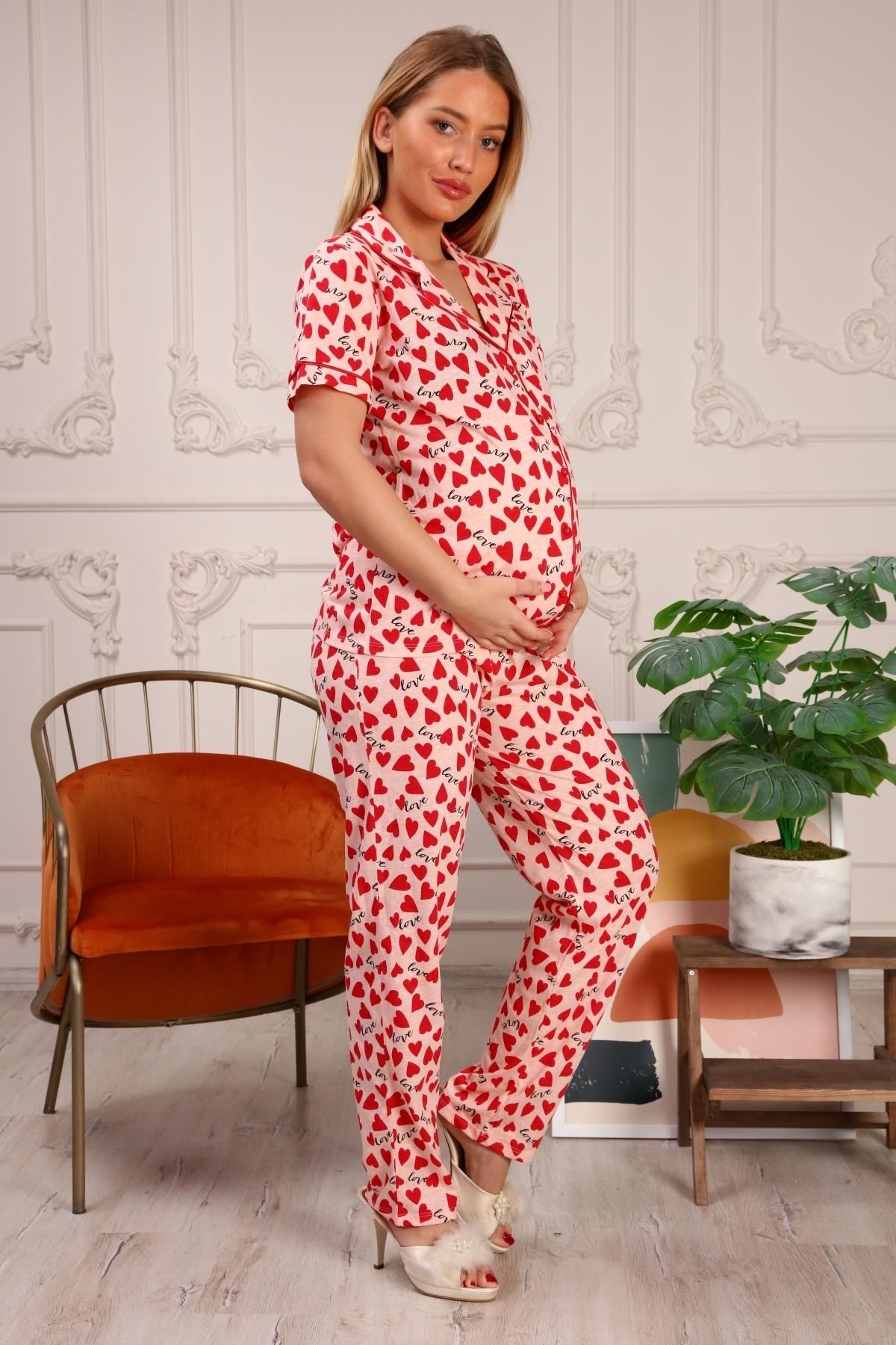 LadyMina Pijama Hamile Ve Lohusa Kırmızı Kalpli Ikili Pijama Takımı