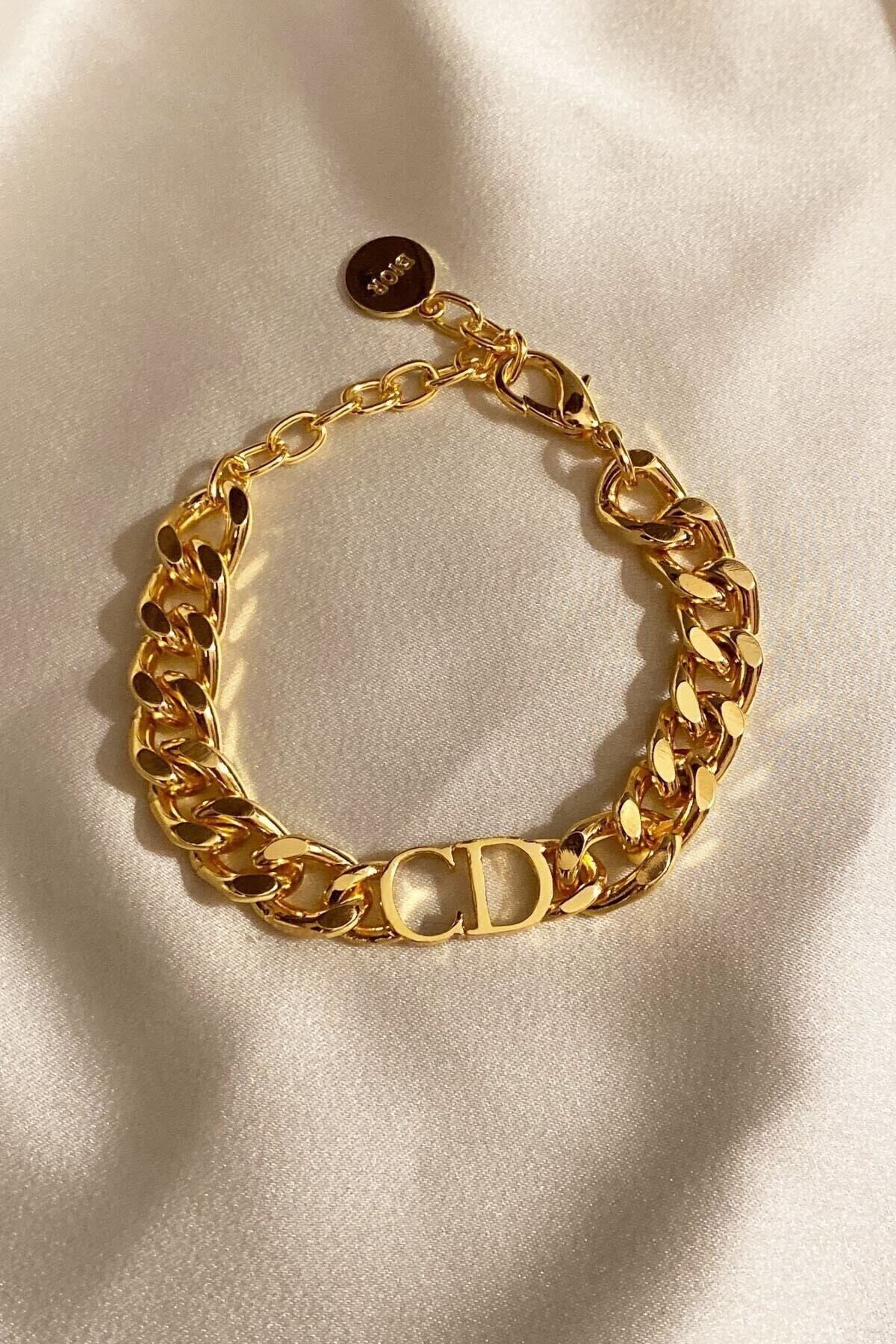 X-Lady Accessories Kadın Gold Cd Harfli Christian Dior Model Kalın Zincir Bileklik Altın Renk