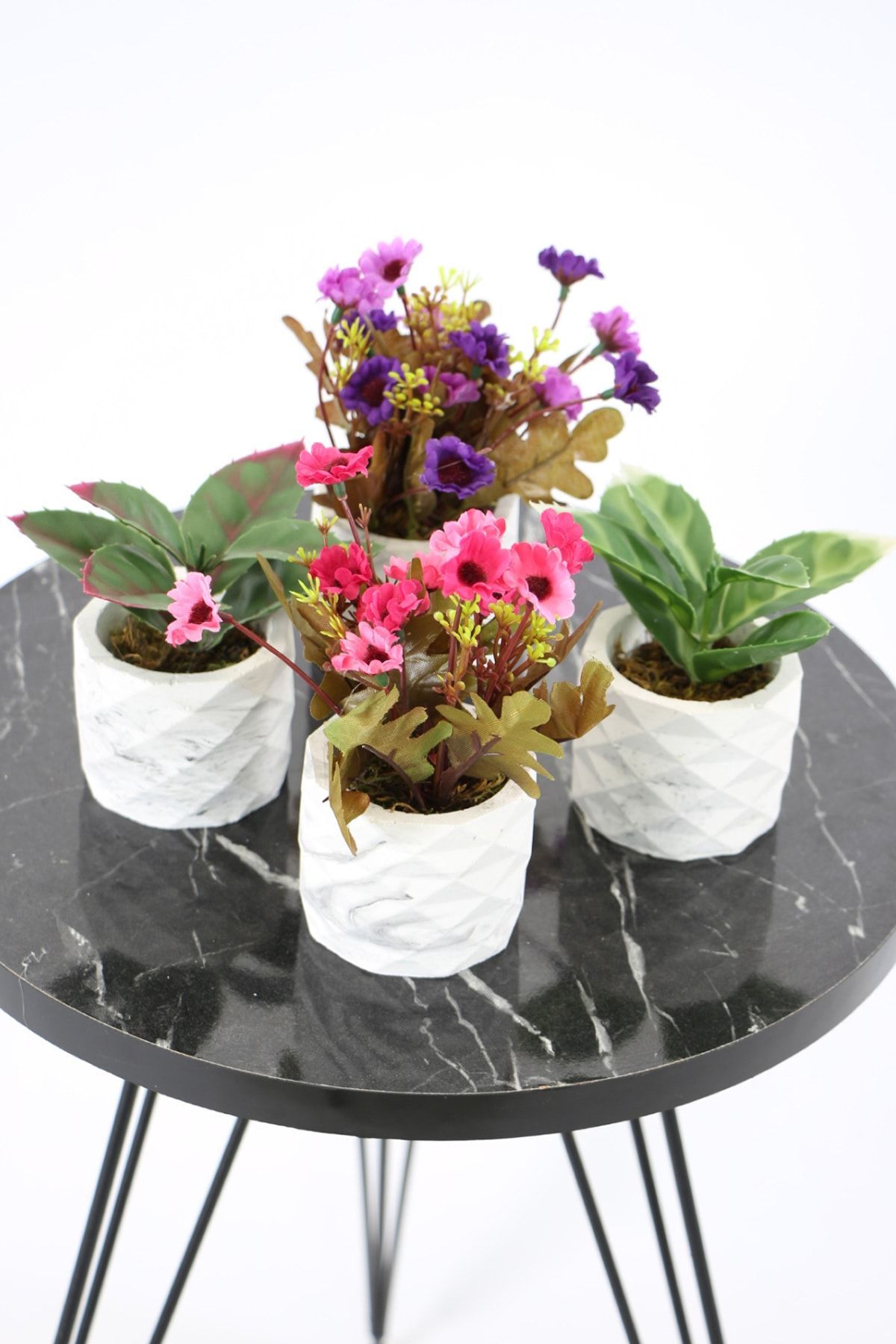 Yapay Çiçek Deposu Beton Saksıda Yapay Bitki Ve Papatya 4lü Set Model 5