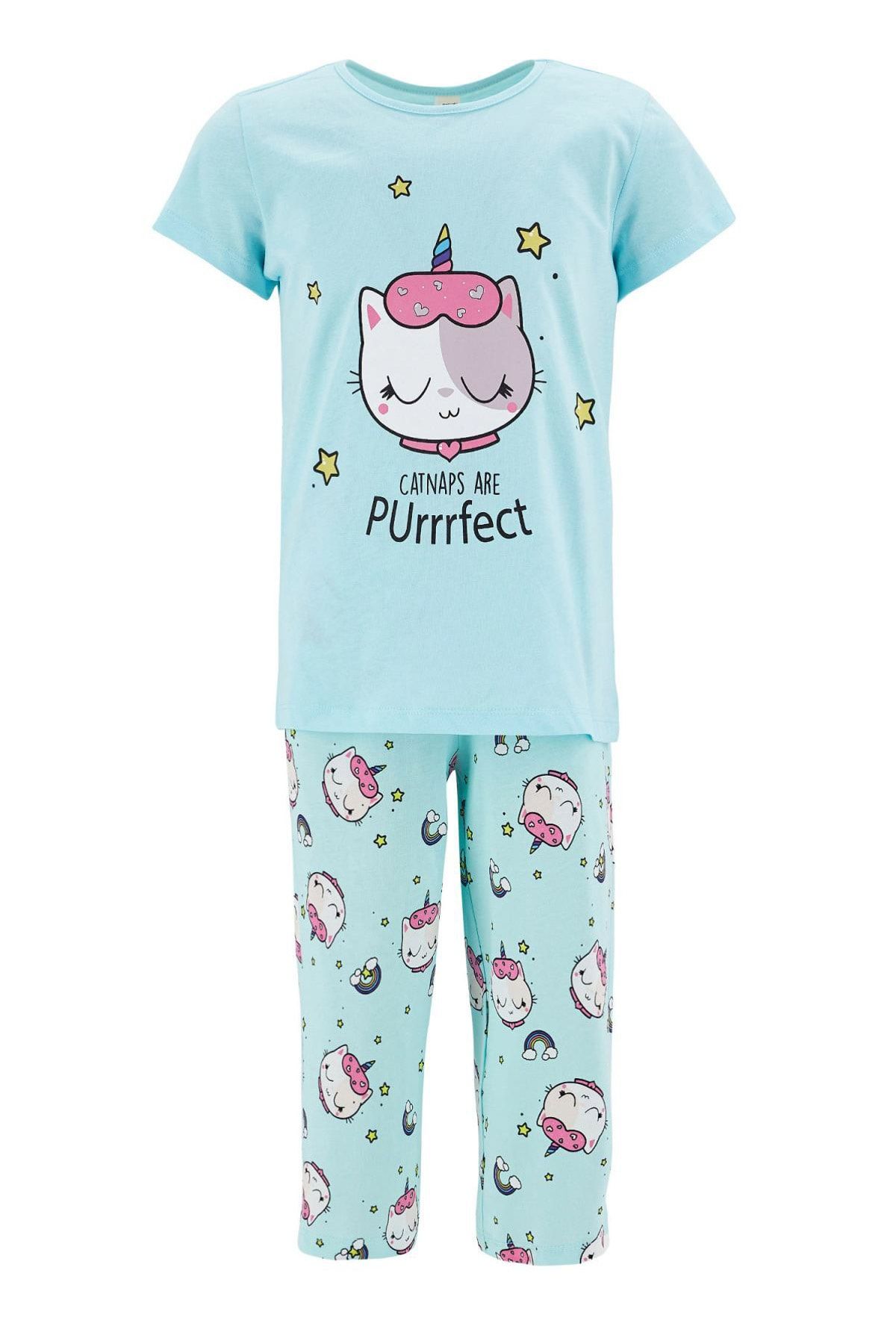 Defacto Kız Çocuk Catcorn Baskılı Kısa Kollu Kapri Boy Pijama Takımı