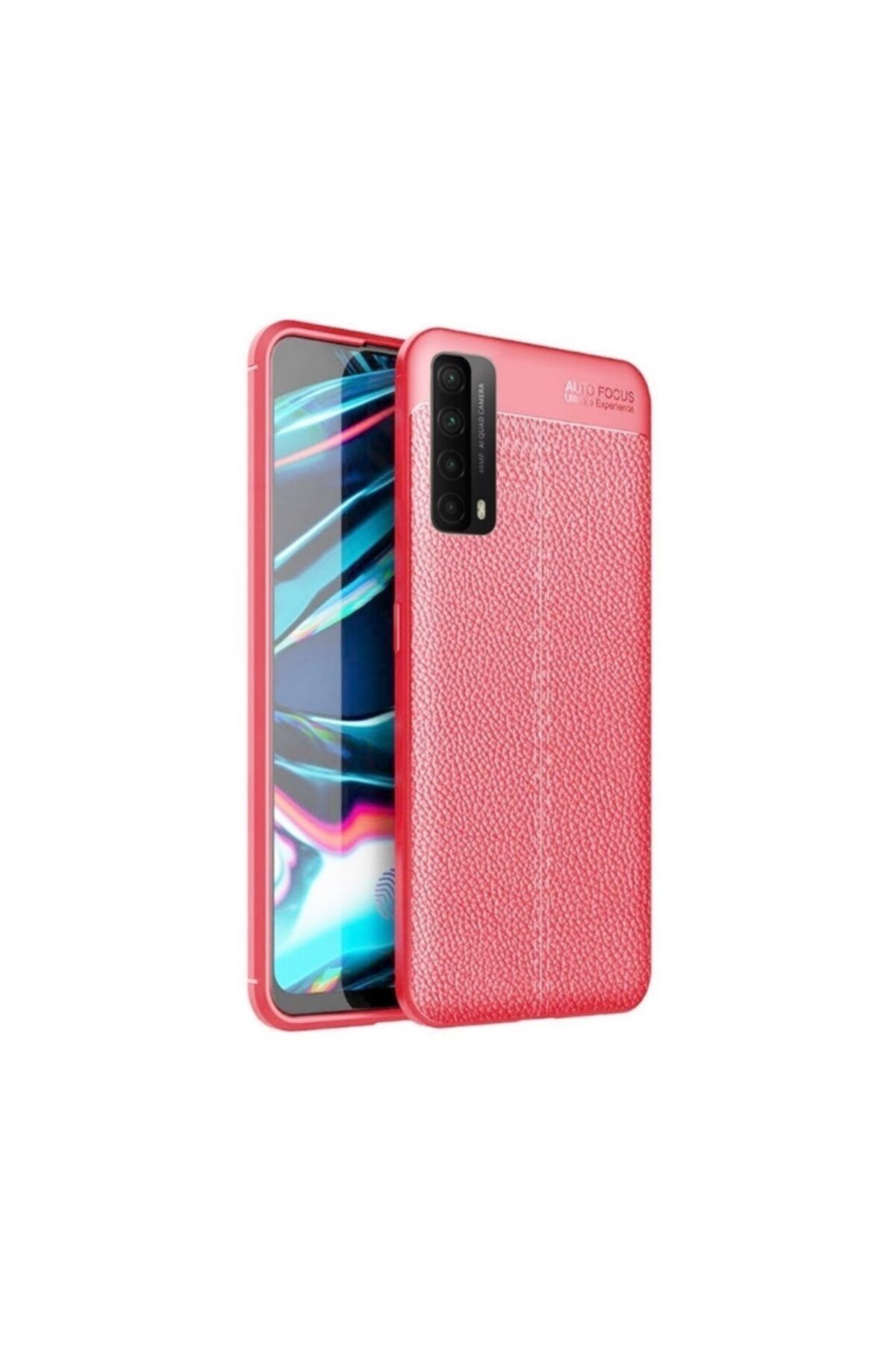 Huawei Teleplus P Smart 2021 Kılıf Deri Dokulu Silikon Kırmızı + Nano Ekran Koruyucu