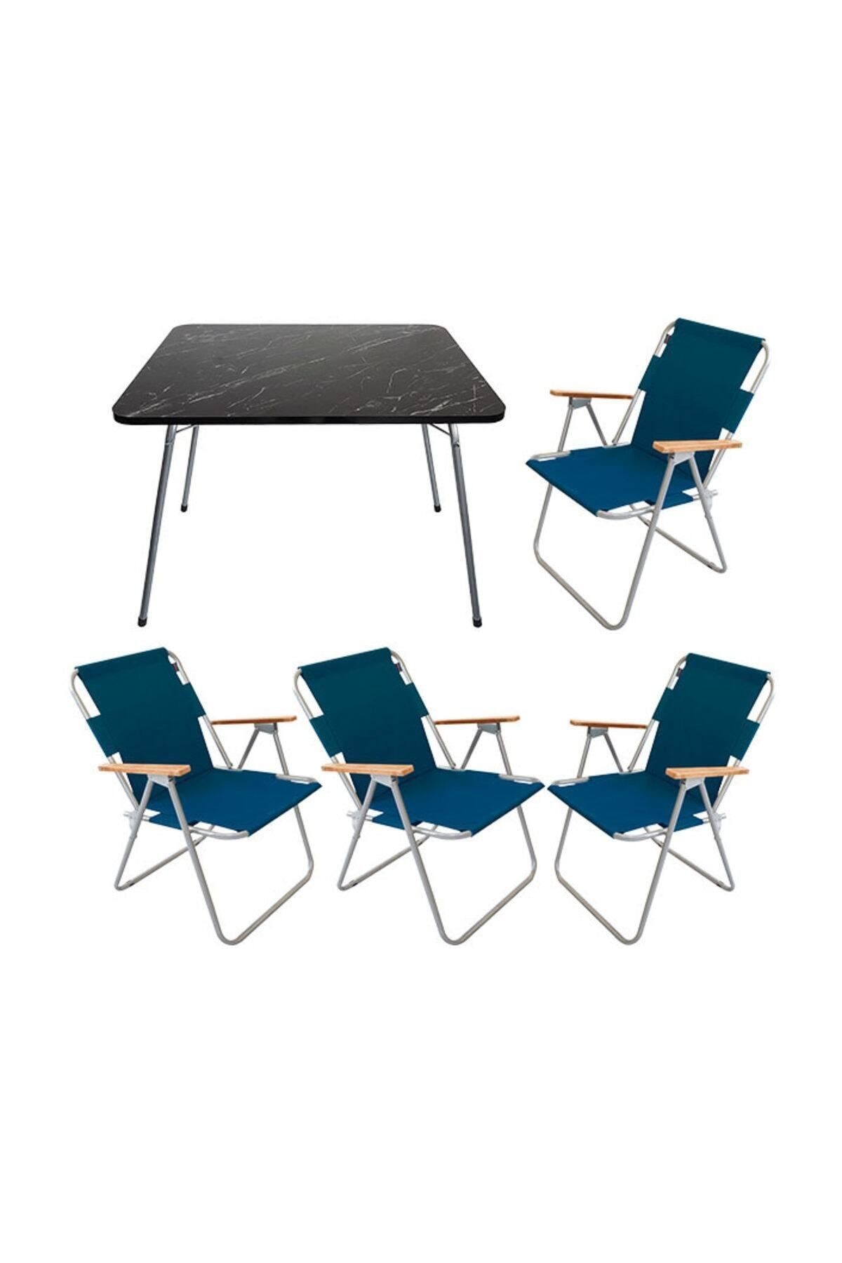 Bofigo Katlanır Granit Masa ve Mavi Katlanır Sandalye 4 Adet