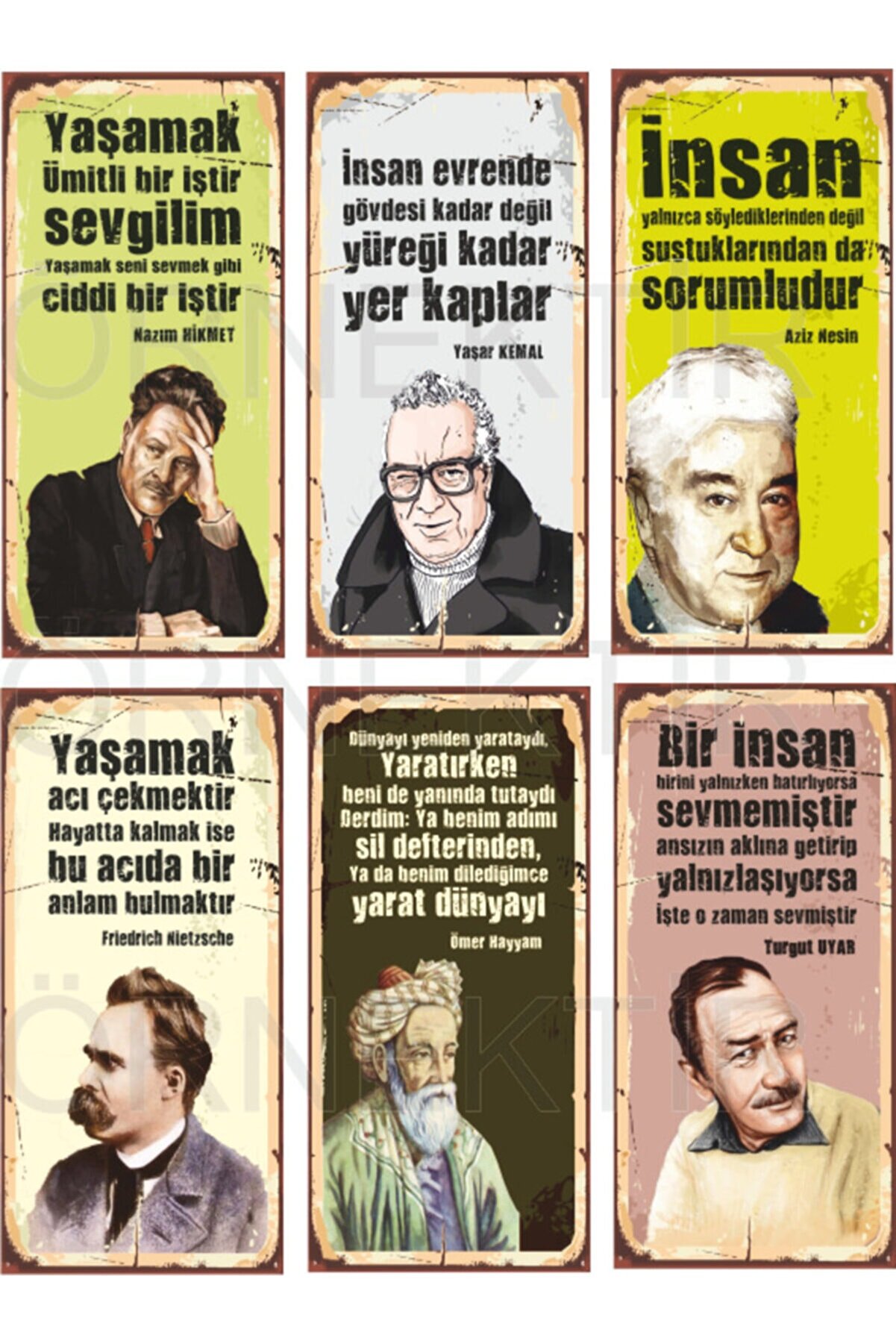 Hayat Poster Nazım Hikmet, Yaşar Kemal, Aziz Nesin, Nietzsche, Hayyam, Turgut Uyar 6lı Mini Ahşap Poster Seti