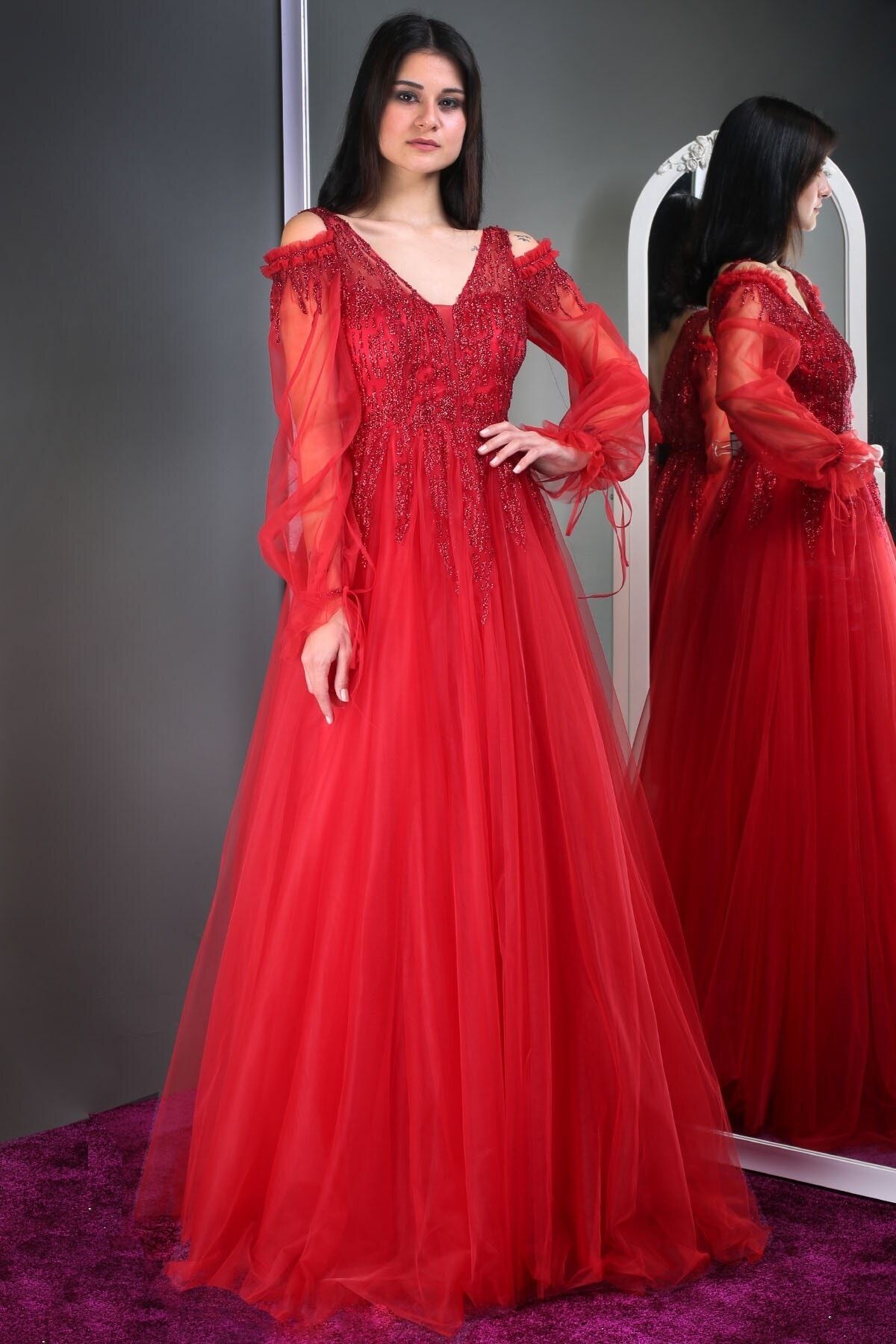 Abiyeniall Kadın Kırmızı Uzun Abiye Elbise