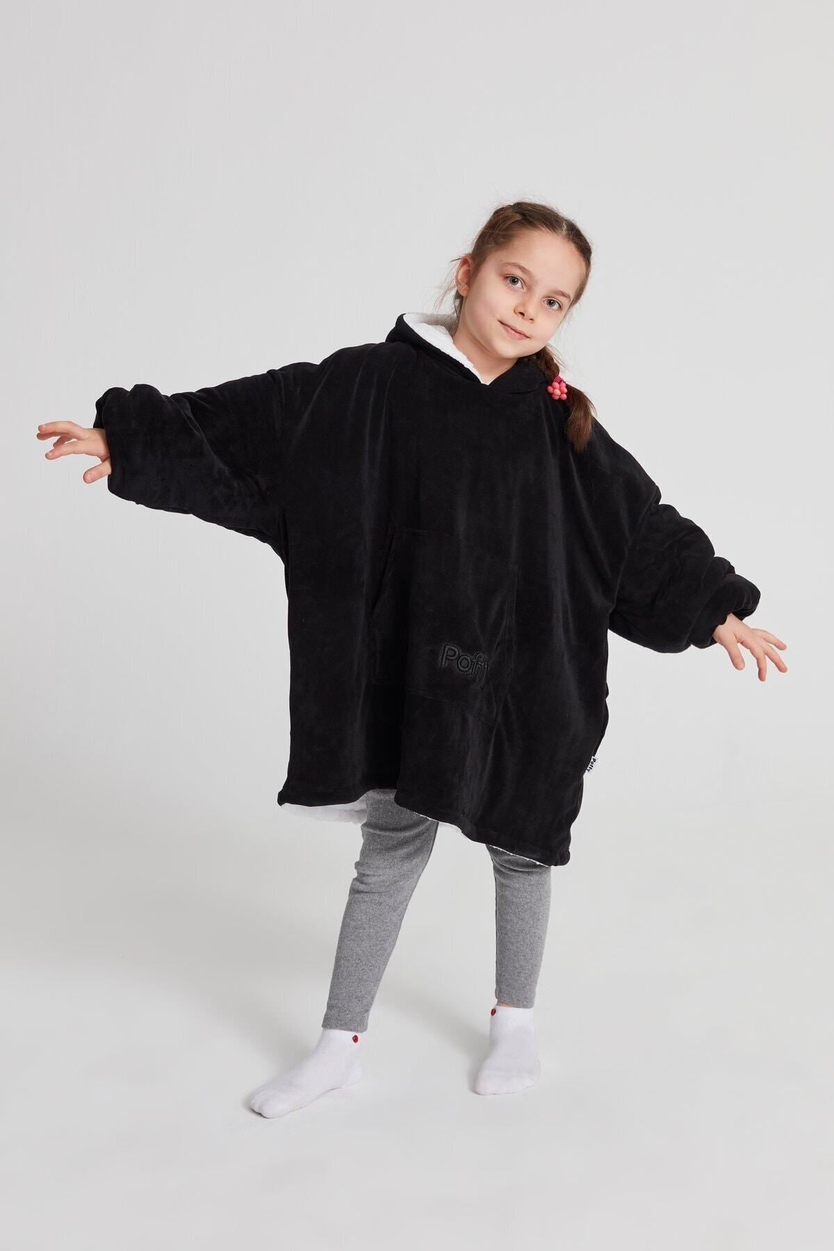 POFFY Çocuk Oversize Giyilebilir Battaniye Tek Beden 11 Yaş Altı Unisex Peluş Kapüşonlu Sweatshirt
