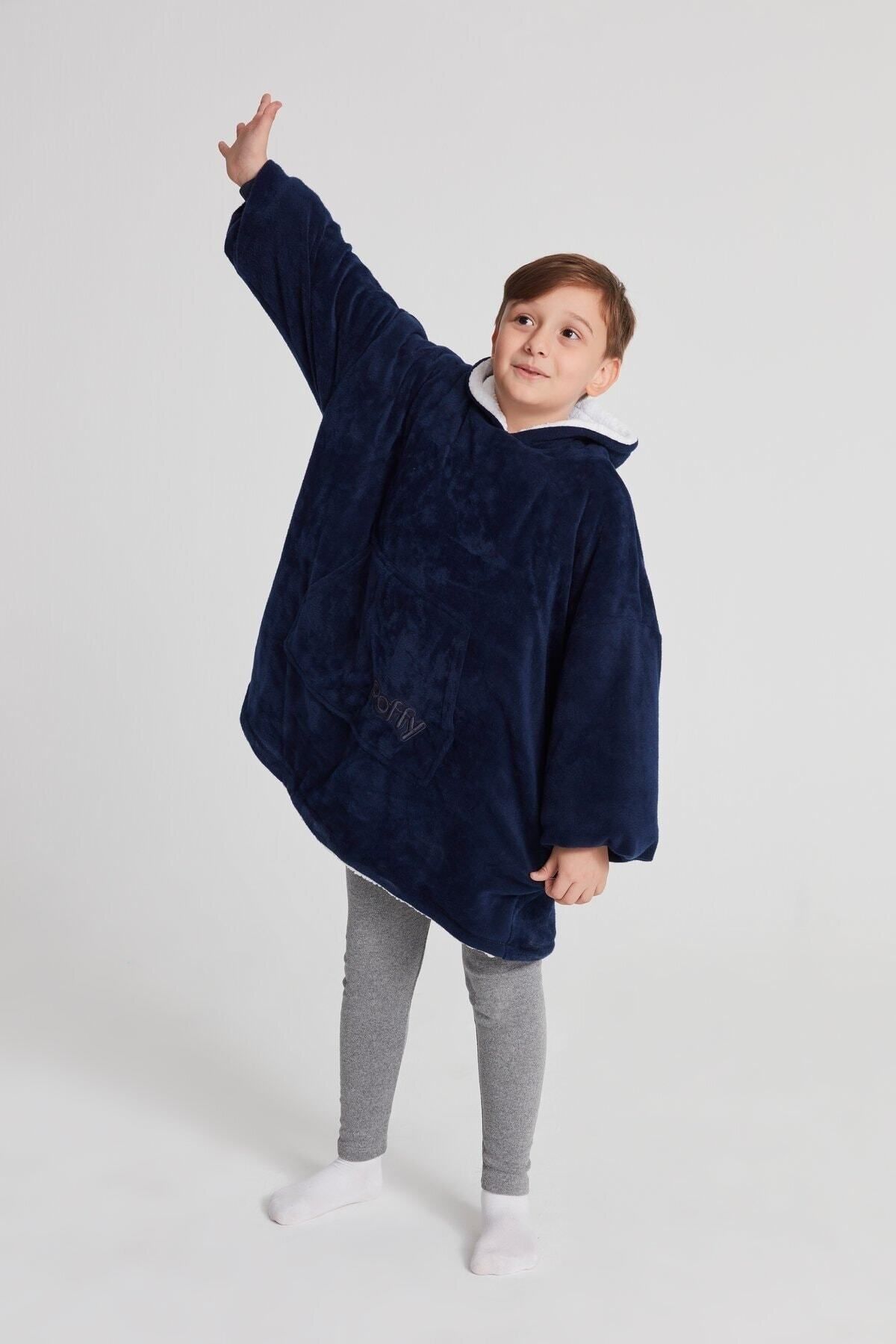 POFFY Çocuk Oversize Giyilebilir Battaniye Tek Beden 11 Yaş Altı Unisex Peluş Kapüşonlu Sweatshirt