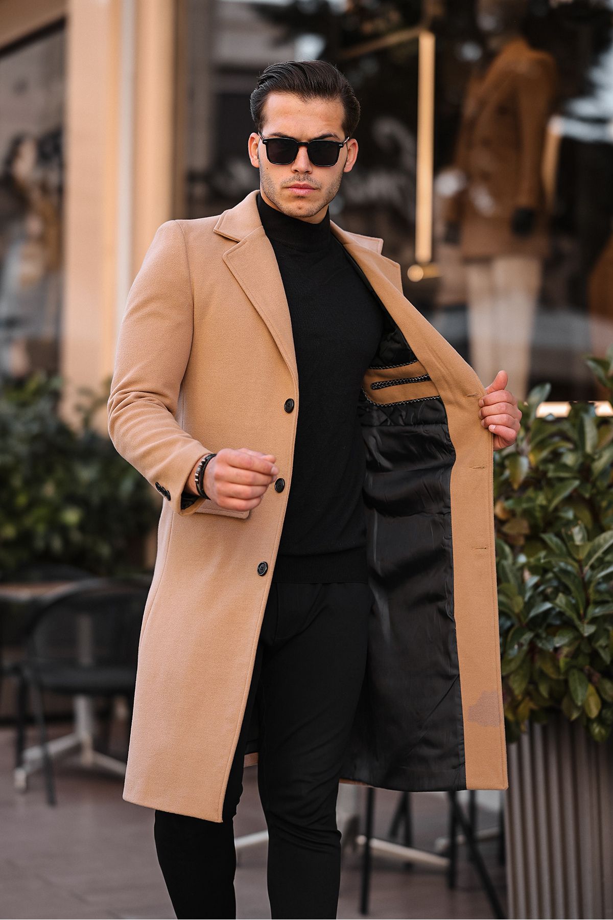 gm giyimarket Erkek Slim-Fit Uzun Yünlü Kaşe Palto