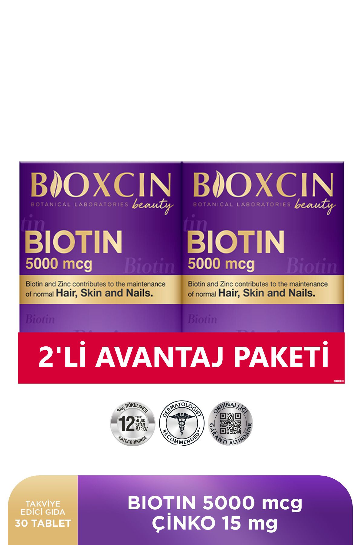 Bioxcin Biotin 5.000 Mcg 30 Tablet - Biotin + Çinko 15 Mg Saç Ve Tırnak Vitamini 2 li Avantaj Paket